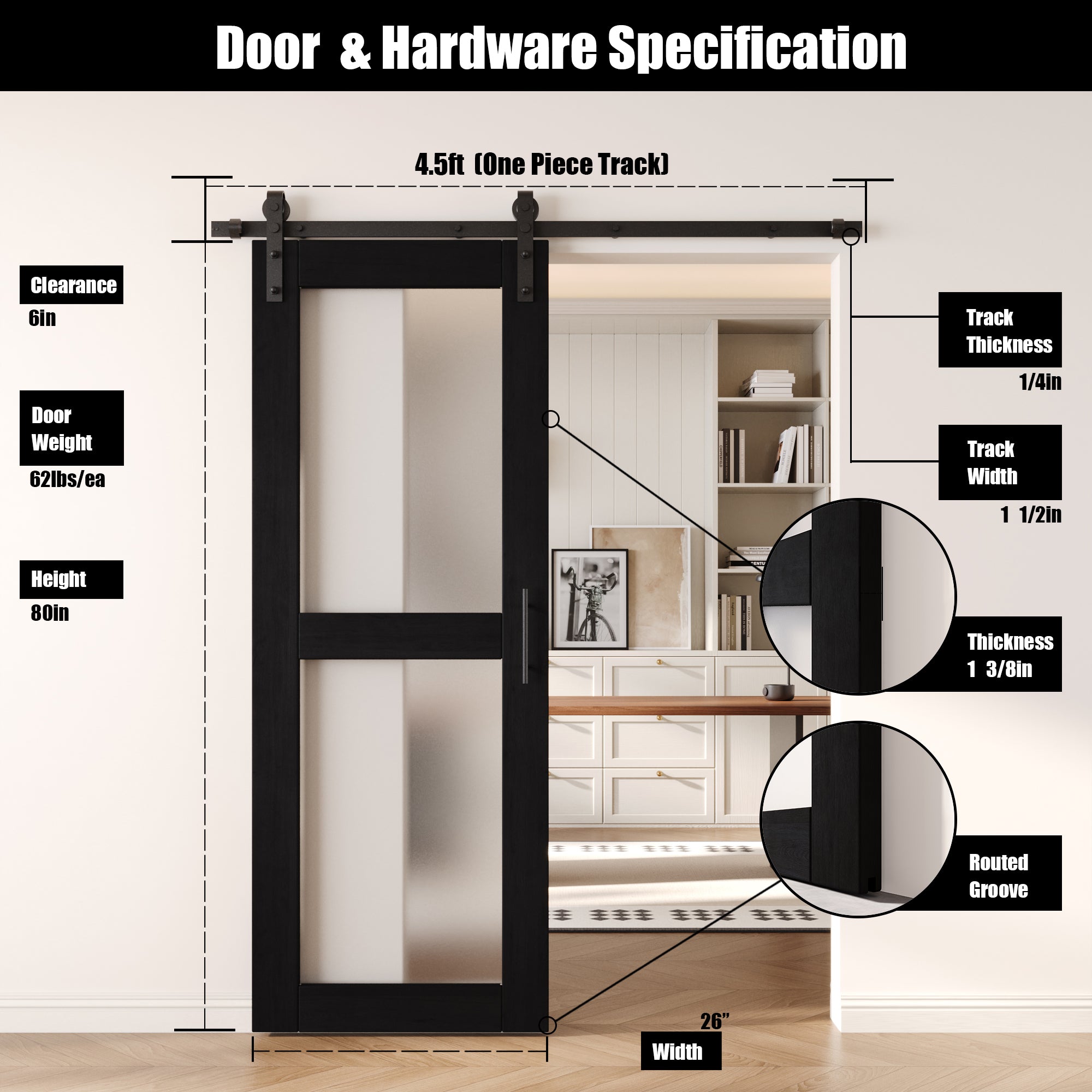 80" Height Black 2-Lite Frosted Glass Unassembled & Finished Pine Wood Barn Door with Non-Bypass Installation Hardware Kit (Interior Use Only)