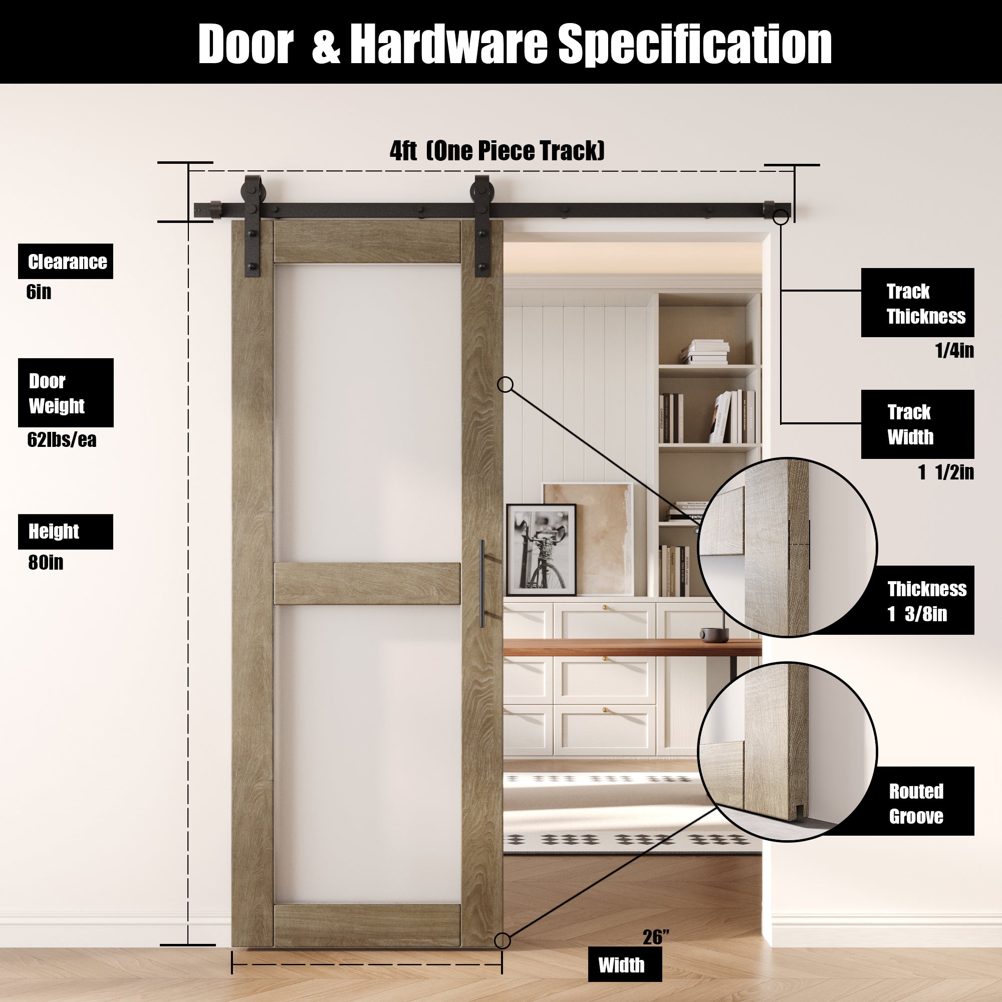 80" Height Classic Gray 2-Lite Frosted Glass Unassembled & Finished Pine Wood Barn Door with Non-Bypass Installation Hardware Kit (Interior Use Only)