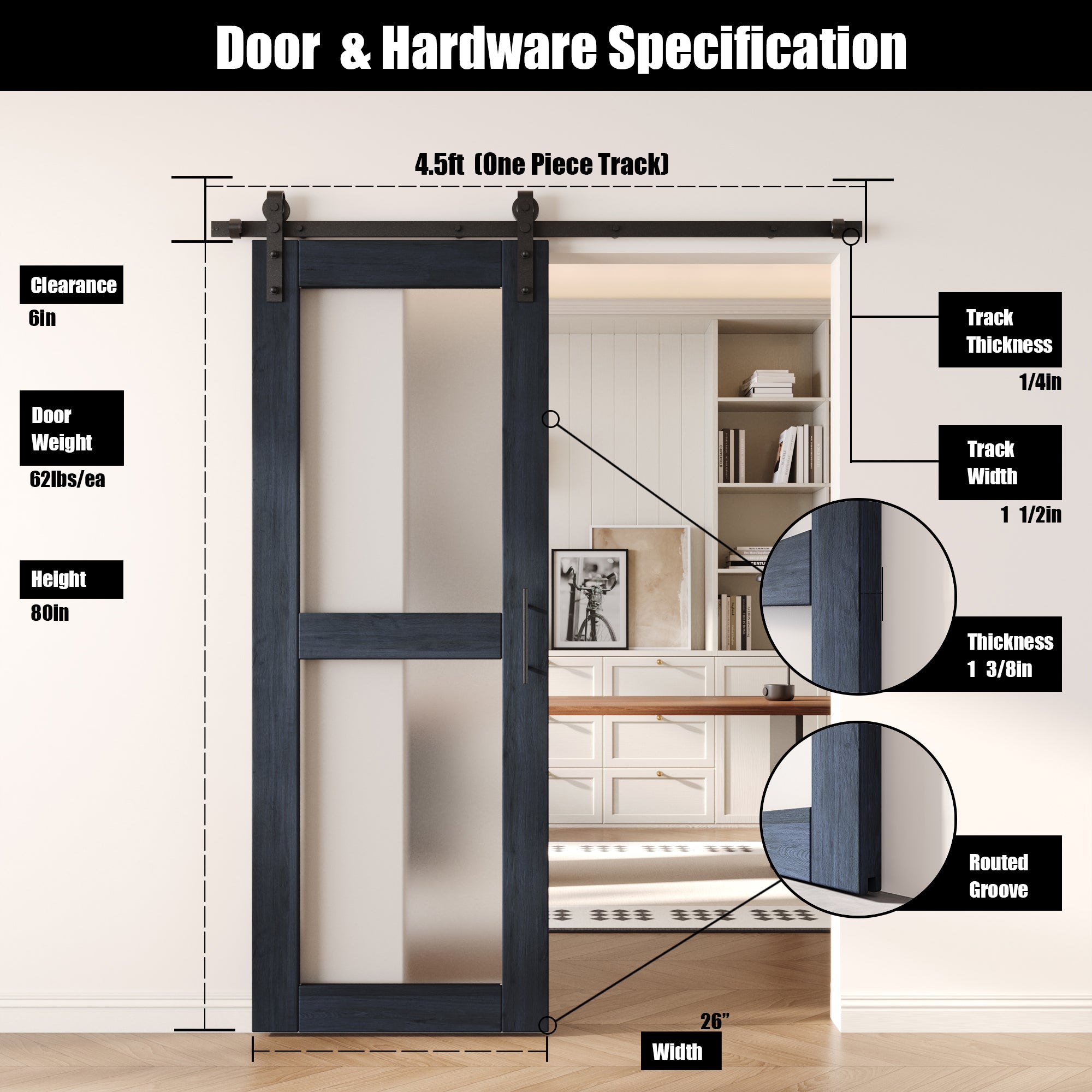 80" Height Navy 2-Lite Frosted Glass Unassembled & Finished Pine Wood Barn Door with Non-Bypass Installation Hardware Kit (Interior Use Only)