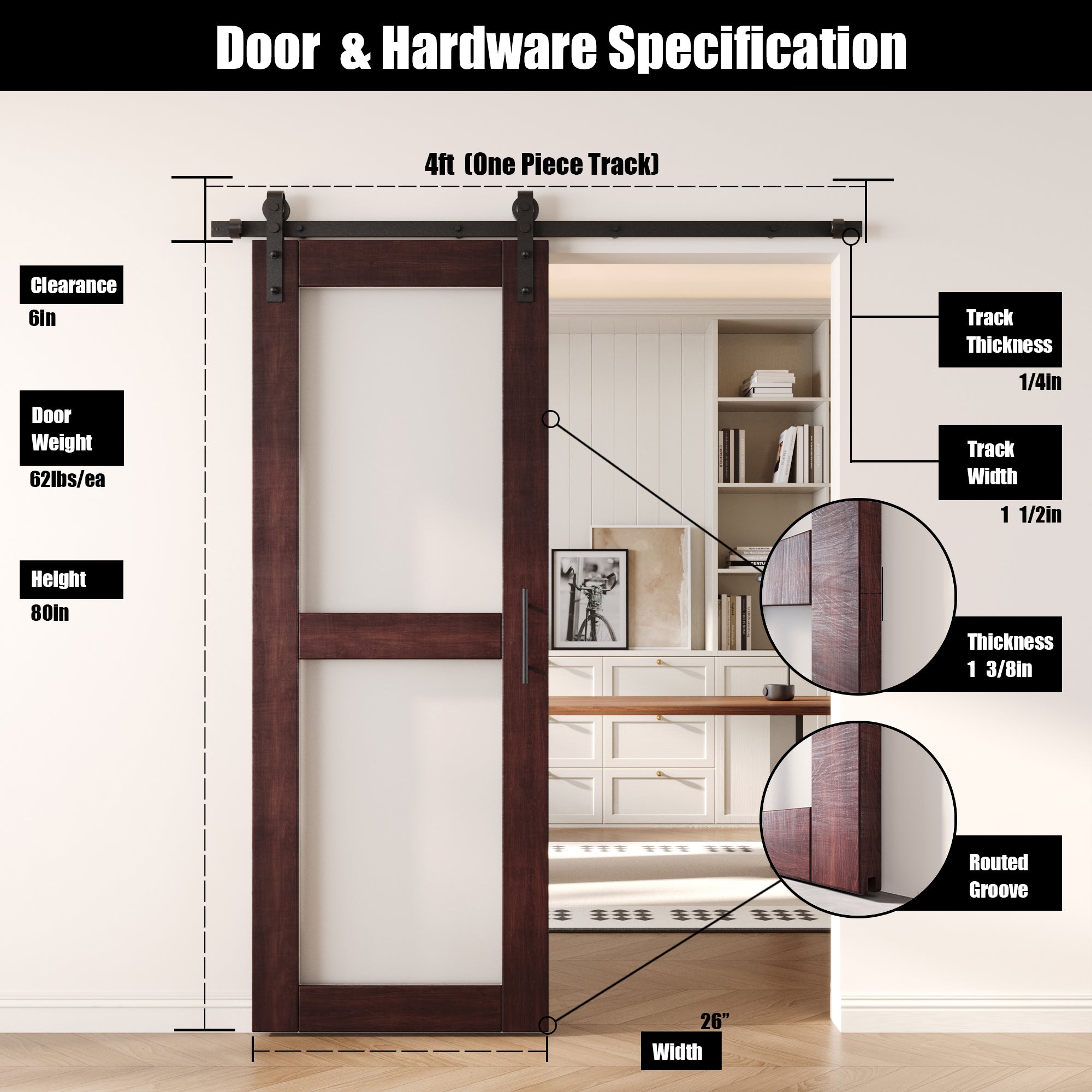 80" Height Red Mahogany 2-Lite Frosted Glass Unassembled & Finished Pine Wood Barn Door with Non-Bypass Installation Hardware Kit (Interior Use Only)