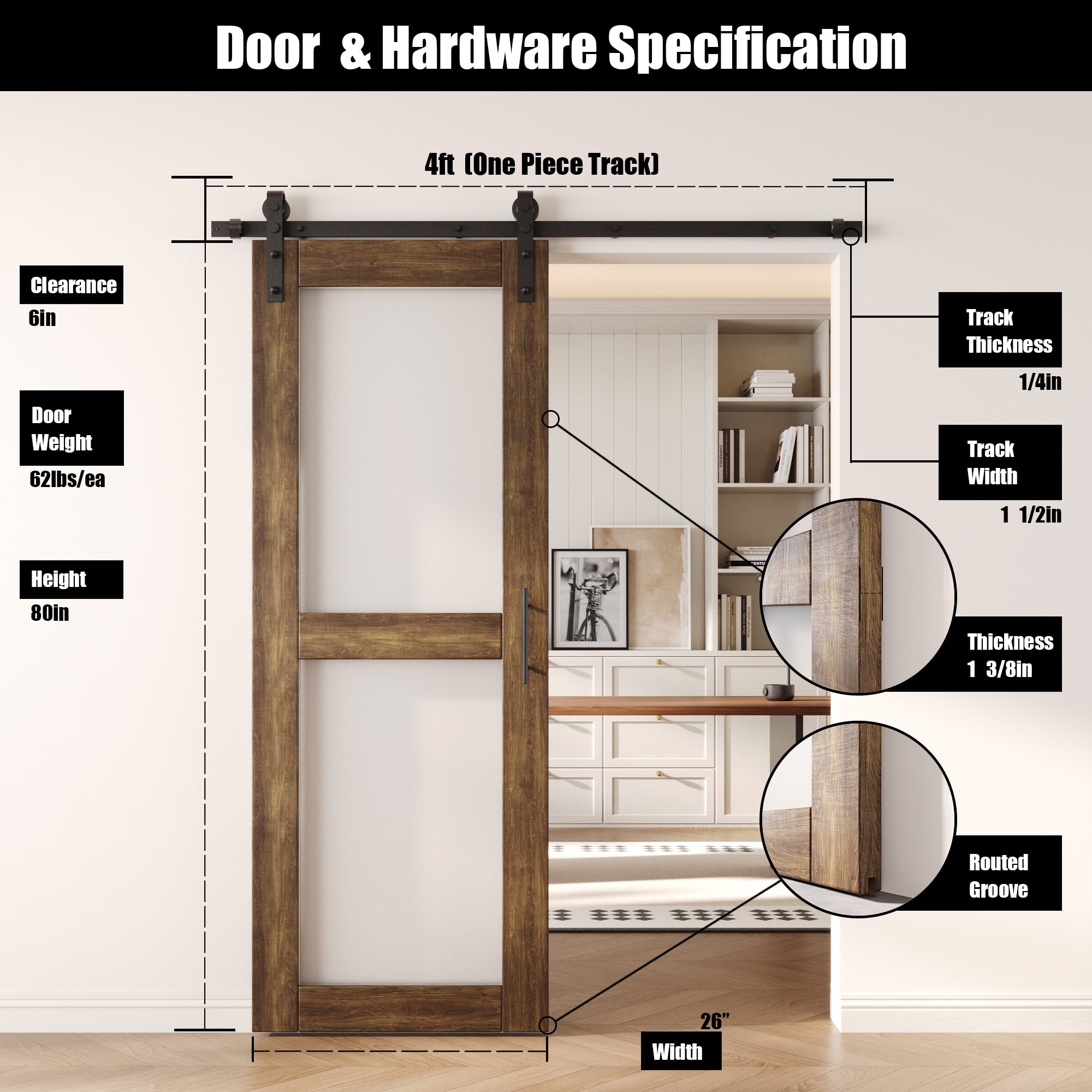 80" Height Dark Walnut 2-Lite Frosted Glass Unassembled & Finished Pine Wood Barn Door with Non-Bypass Installation Hardware Kit (Interior Use Only)