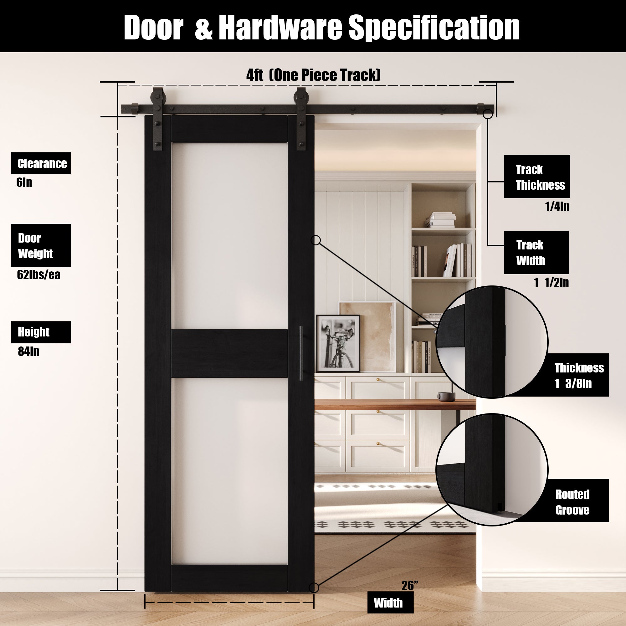 84" Height Black 2-Lite Frosted Glass Unassembled & Finished Pine Wood Barn Door with Non-Bypass Installation Hardware Kit (Interior Use Only)