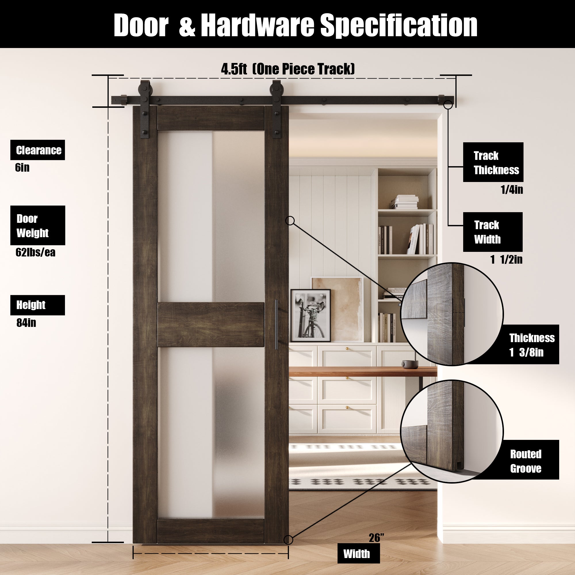 84" Height Ebony 2-Lite Frosted Glass Unassembled & Finished Pine Wood Barn Door with Non-Bypass Installation Hardware Kit (Interior Use Only)