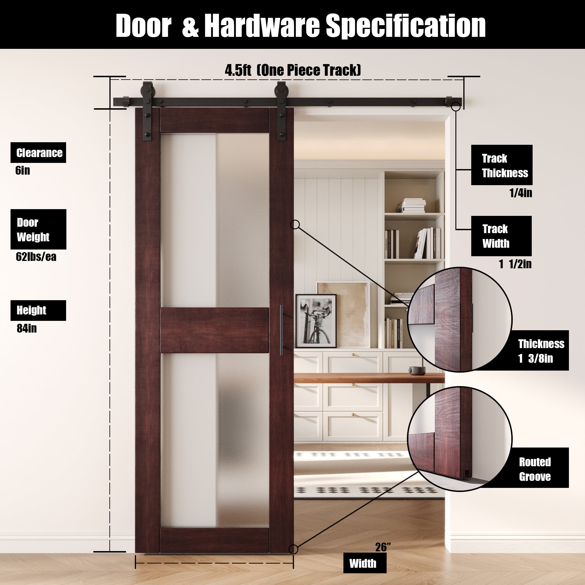 84" Height Red Mahogany 2-Lite Frosted Glass Unassembled & Finished Pine Wood Barn Door (Interior Use Only)
