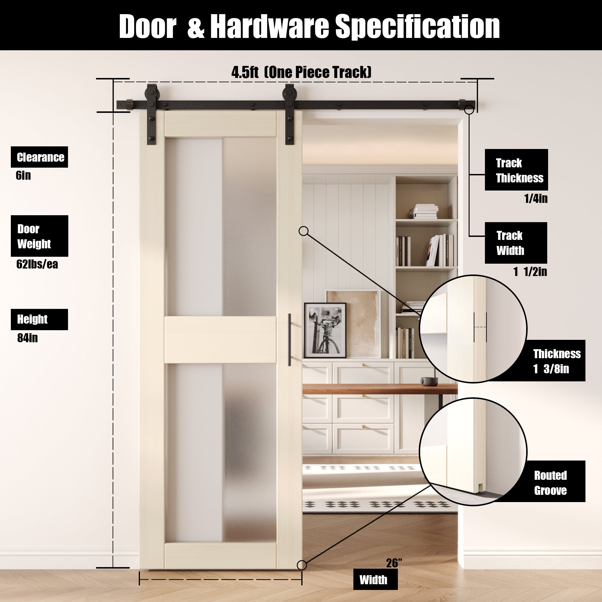 84" Height Tinsmith Gray 2-Lite Frosted Glass Unassembled & Finished Pine Wood Barn Door with Non-Bypass Installation Hardware Kit (Interior Use Only)