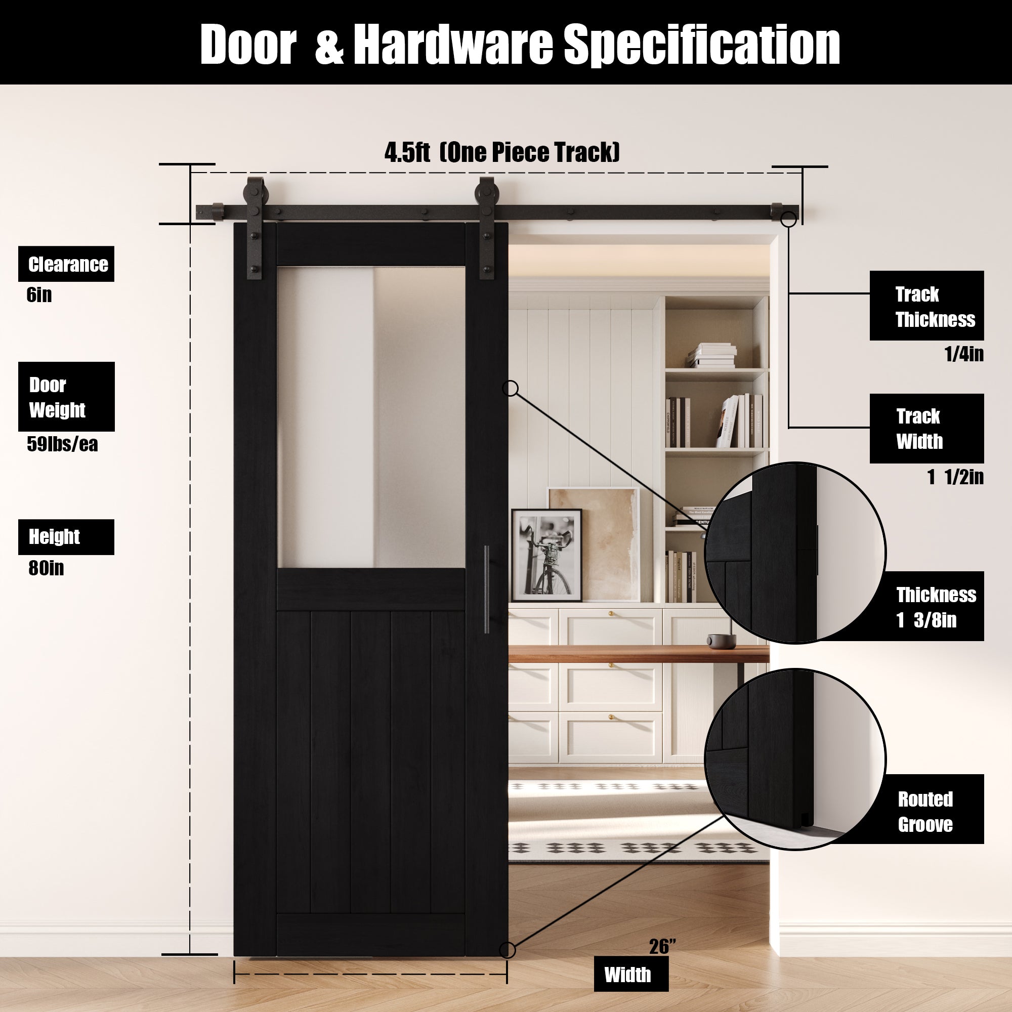 80" Height Black Half Lite Frosted Glass Unassembled & Finished Pine Wood Barn Door with Non-Bypass Installation Hardware Kit (Interior Use Only)