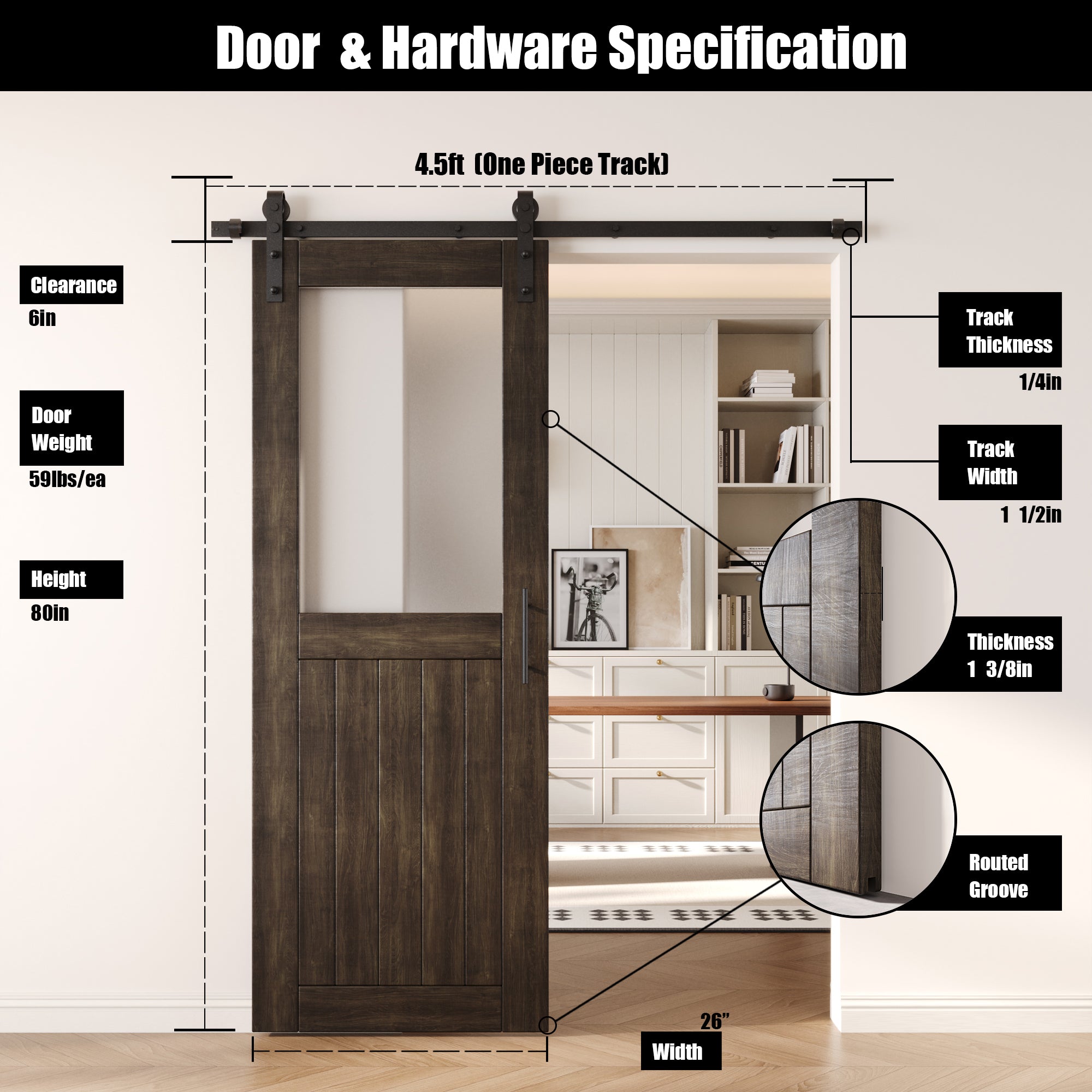 80" Height Ebony Half Lite Frosted Glass Unassembled & Finished Pine Wood Barn Door with Non-Bypass Installation Hardware Kit (Interior Use Only)