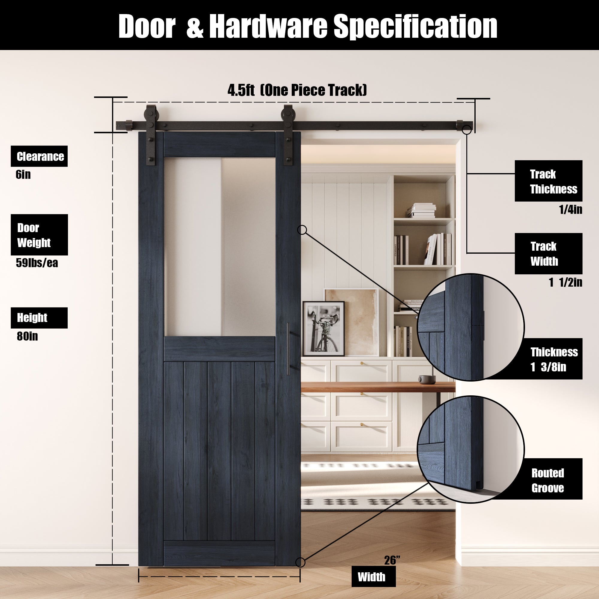 80" Height Navy Half Lite Frosted Glass Unassembled & Finished Pine Wood Barn Door with Non-Bypass Installation Hardware Kit (Interior Use Only)