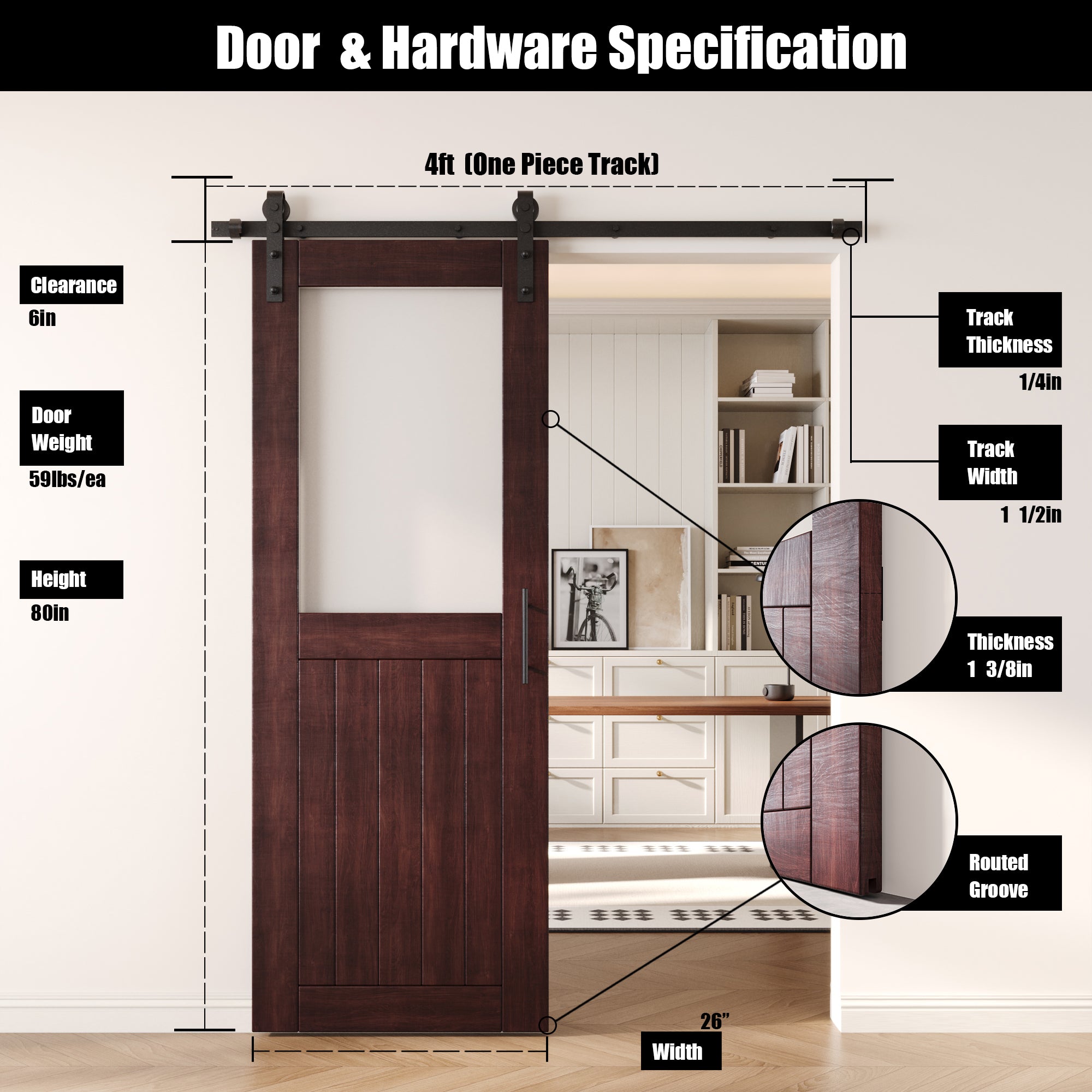 80" Height Red Mahogany Half Lite Frosted Glass Unassembled & Finished Pine Wood Barn Door with Non-Bypass Installation Hardware Kit (Interior Use Only)