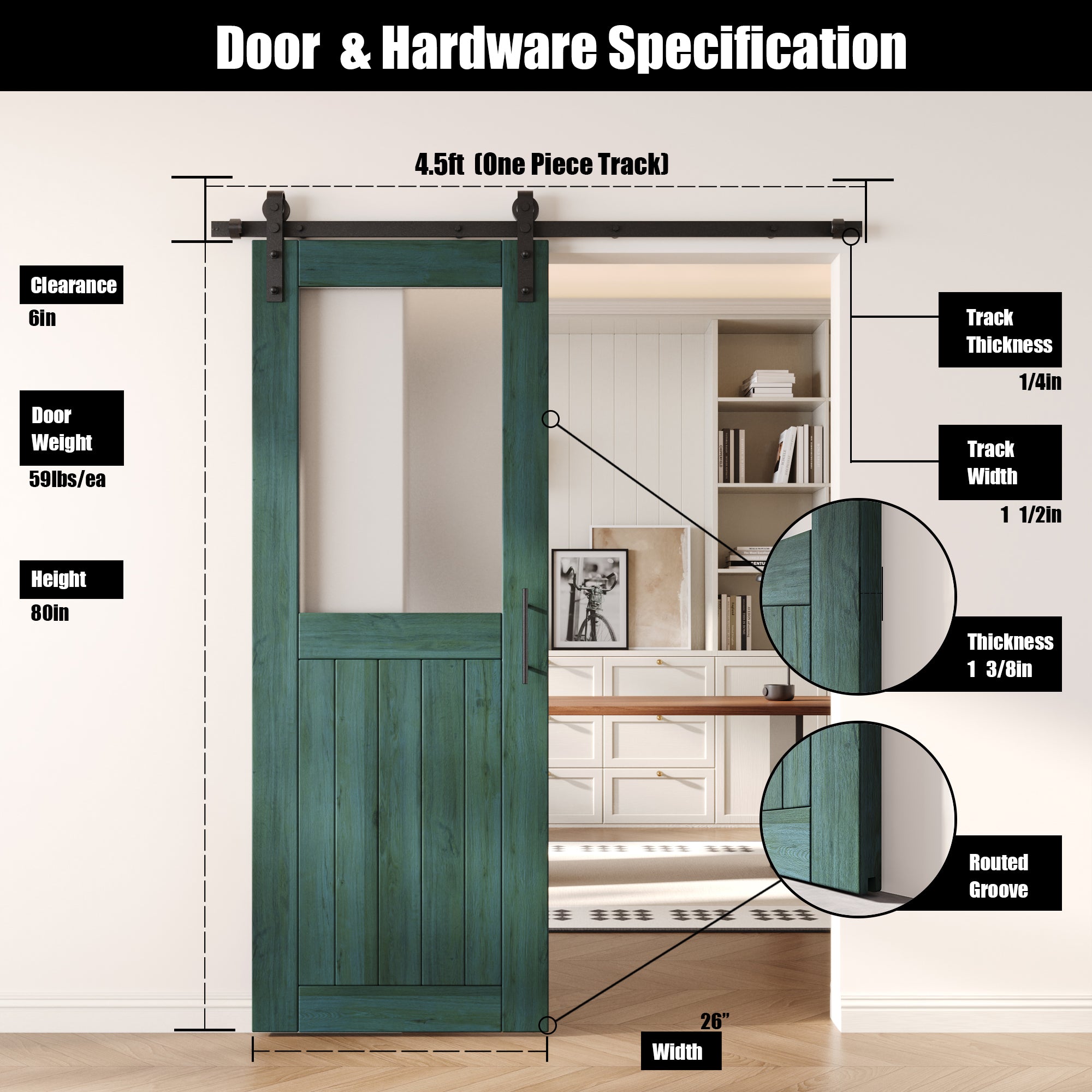 80" Height Royal Pine Half Lite Frosted Glass Unassembled & Finished Pine Wood Barn Door with Non-Bypass Installation Hardware Kit (Interior Use Only)