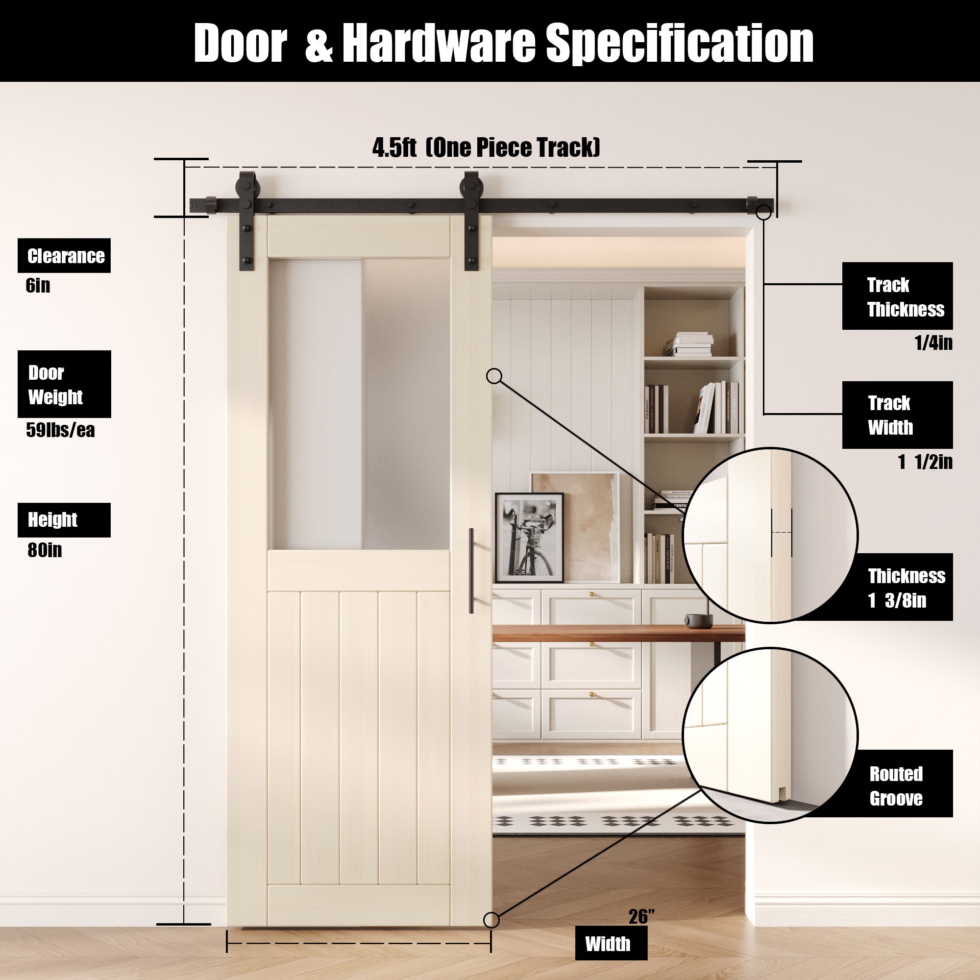 80" Height Tinsmith Gray Half Lite Frosted Glass Unassembled & Finished Pine Wood Barn Door with Non-Bypass Installation Hardware Kit (Interior Use Only)