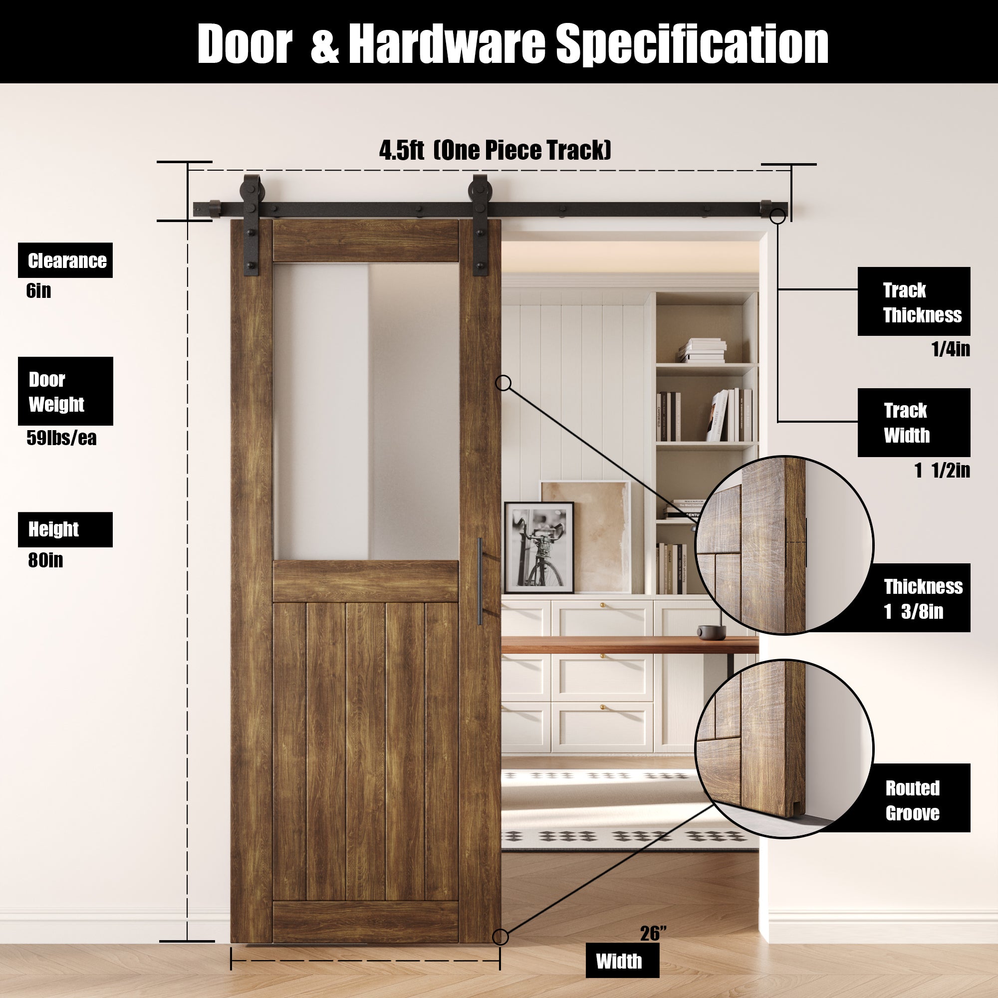 80" Height Dark Walnut Half Lite Frosted Glass Unassembled & Finished Pine Wood Barn Door with Non-Bypass Installation Hardware Kit (Interior Use Only)