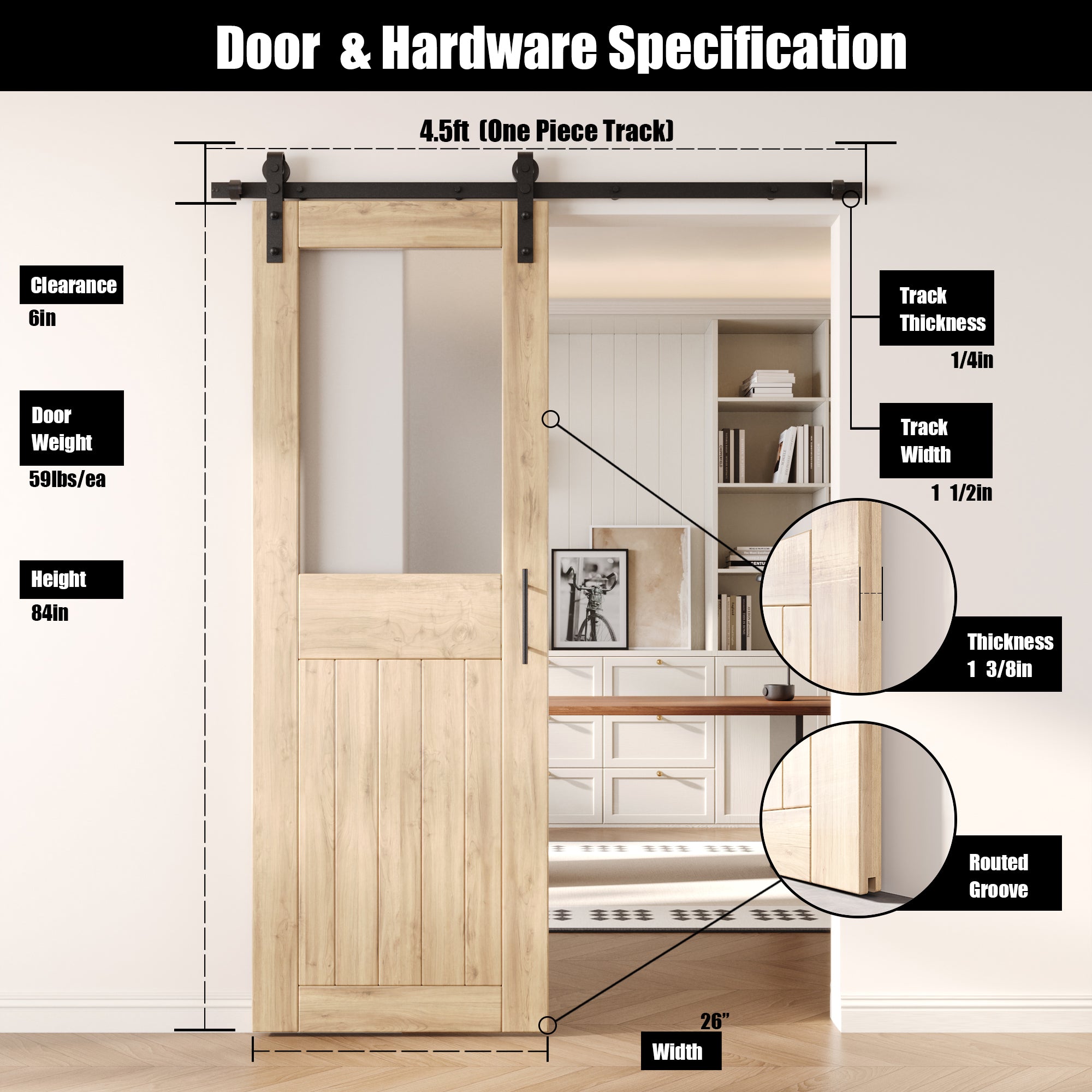 84" Height Half Lite Frosted Glass Unassembled & Unfinished Pine Wood Barn Door with Non-Bypass Installation Hardware Kit (Interior Use Only)