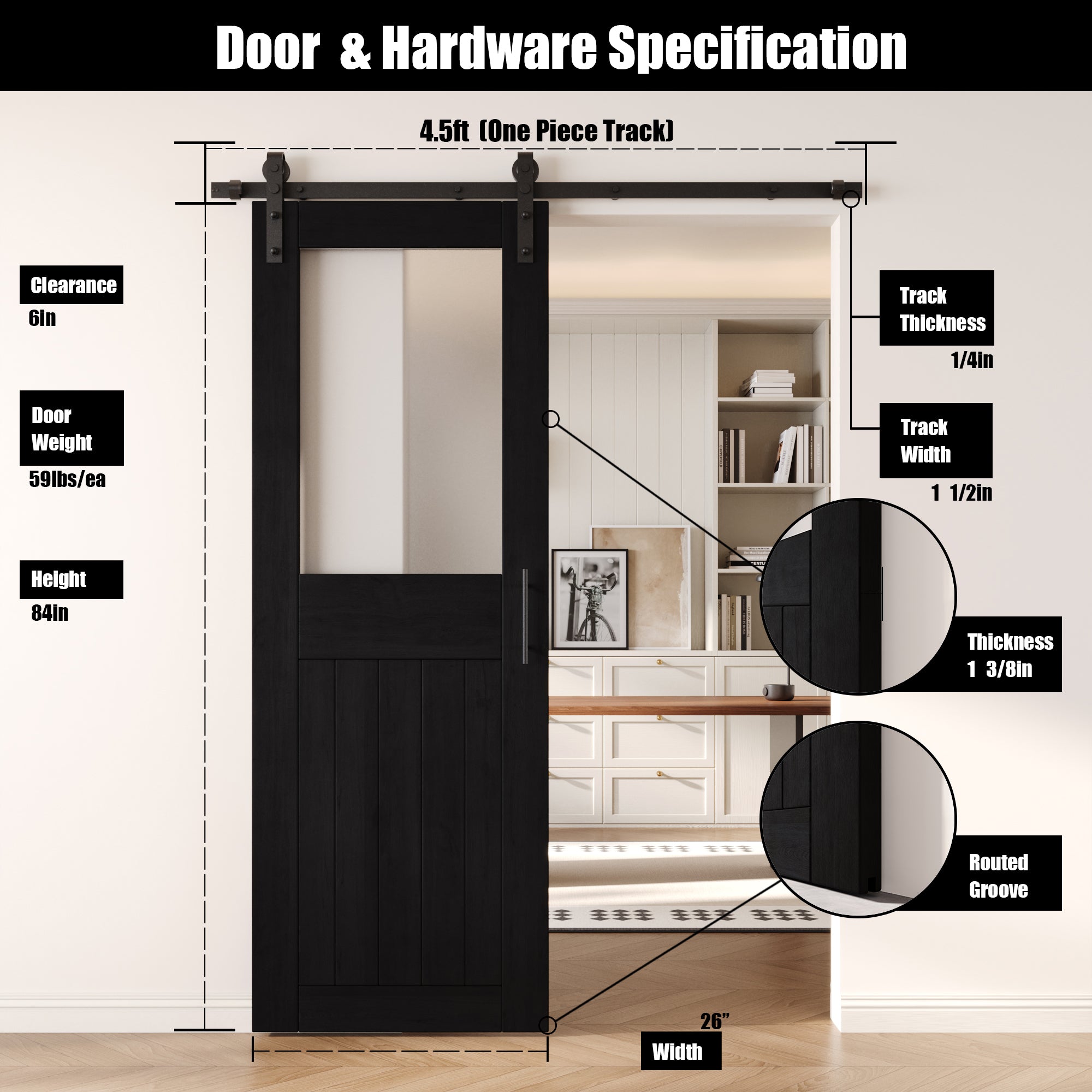 84" Height Black Half Lite Frosted Glass Unassembled & Finished Pine Wood Barn Door with Non-Bypass Installation Hardware Kit (Interior Use Only)