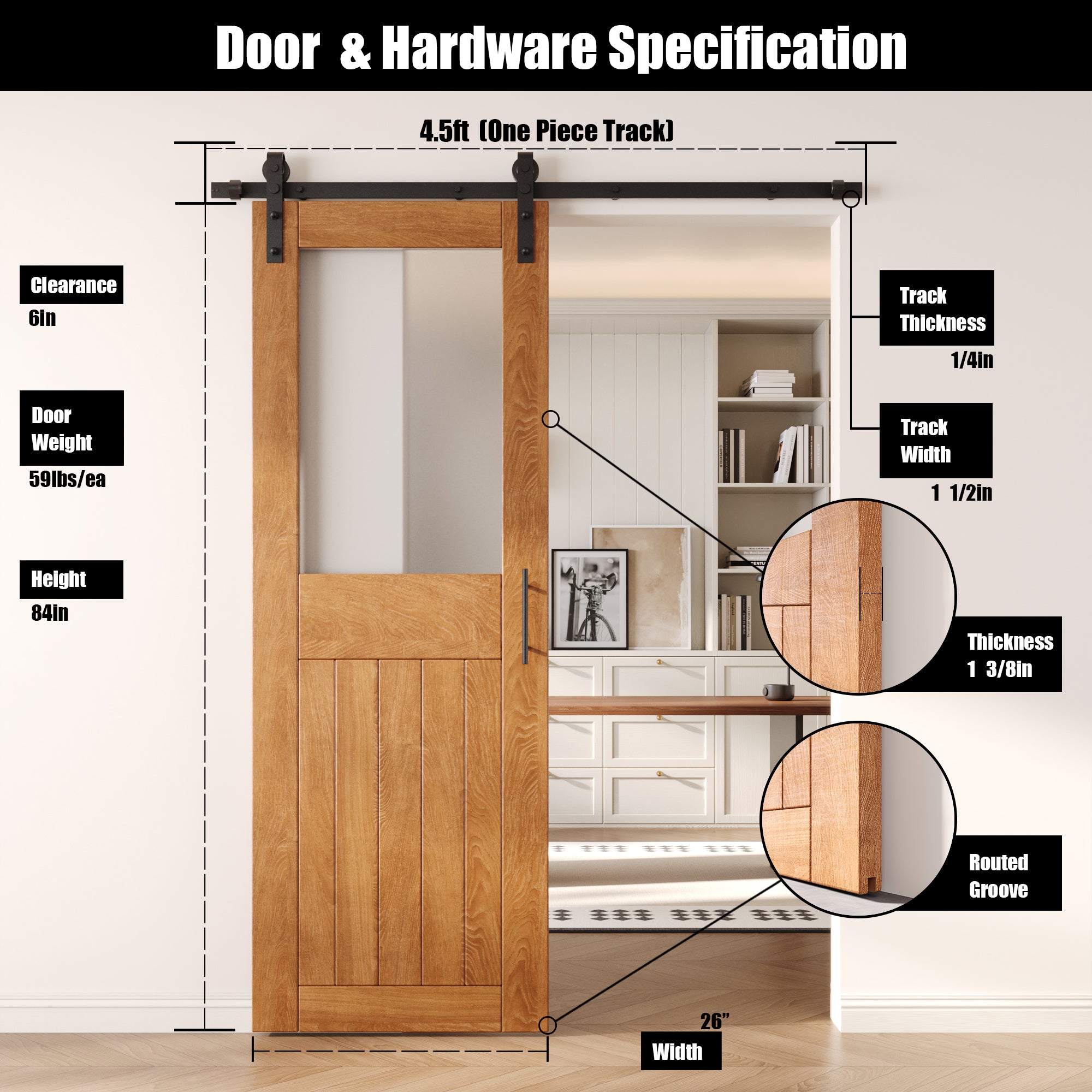 84" Height Early American Half Lite Frosted Glass Unassembled & Finished Pine Wood Barn Door with Non-Bypass Installation Hardware Kit (Interior Use Only)