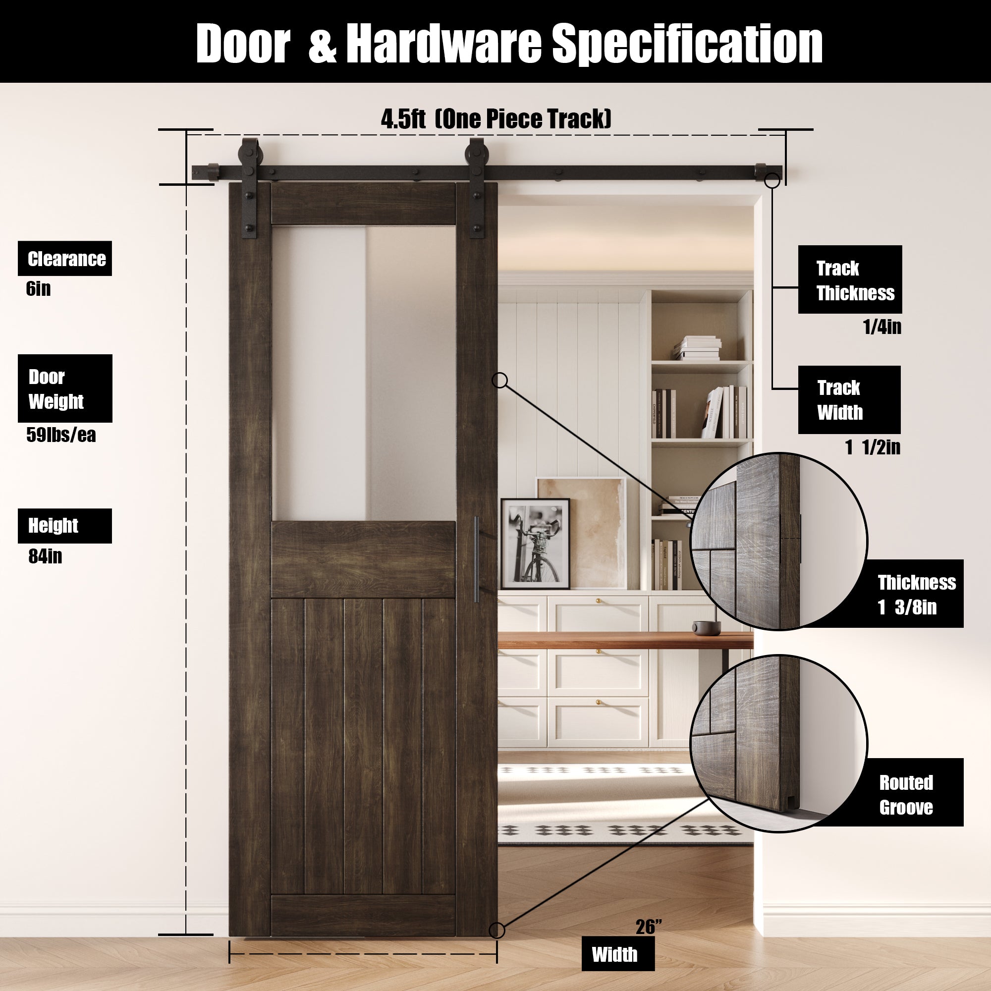 84" Height Ebony Half Lite Frosted Glass Unassembled & Finished Pine Wood Barn Door with Non-Bypass Installation Hardware Kit (Interior Use Only)