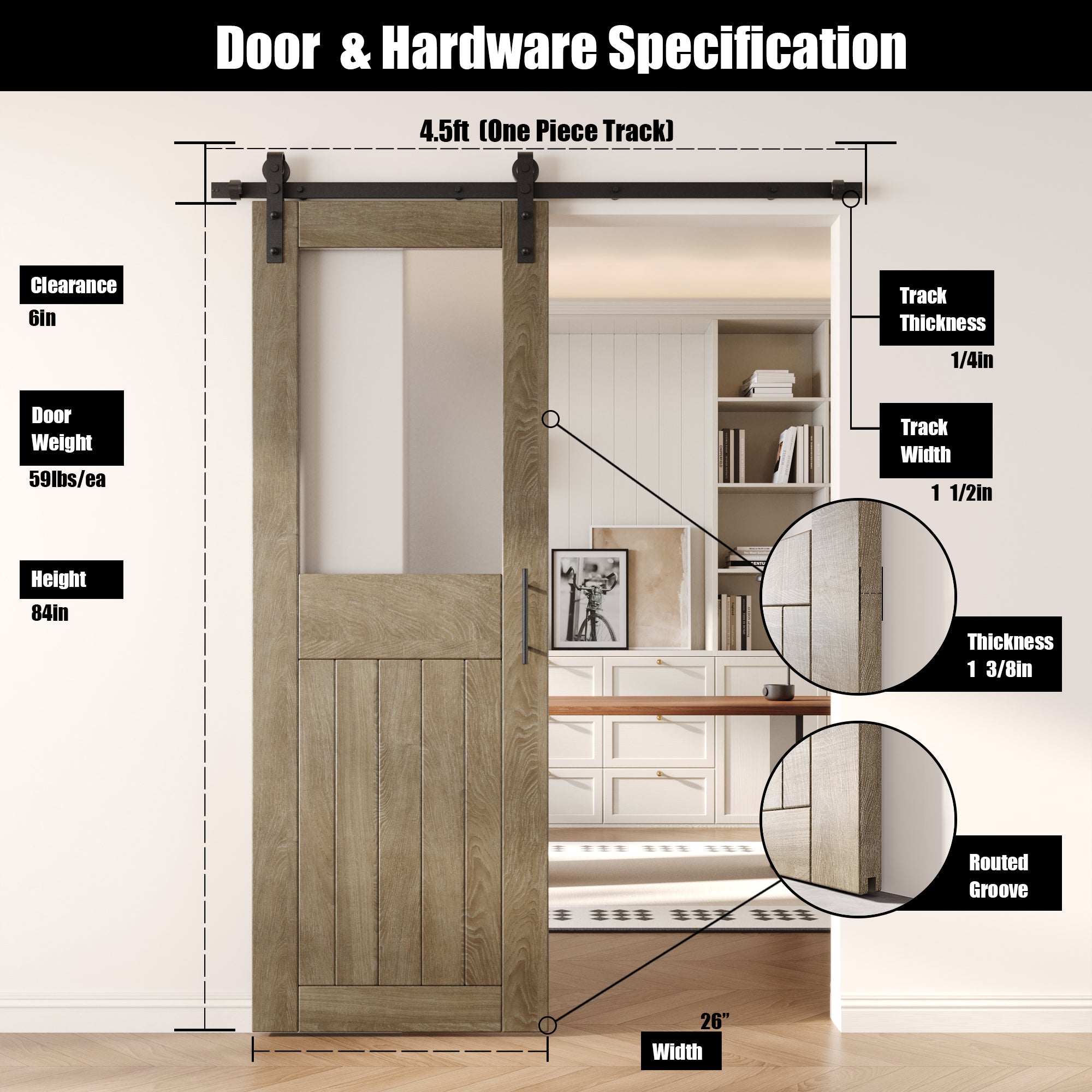 84" Height Classic Gray Half Lite Frosted Glass Unassembled & Finished Pine Wood Barn Door with Non-Bypass Installation Hardware Kit (Interior Use Only)