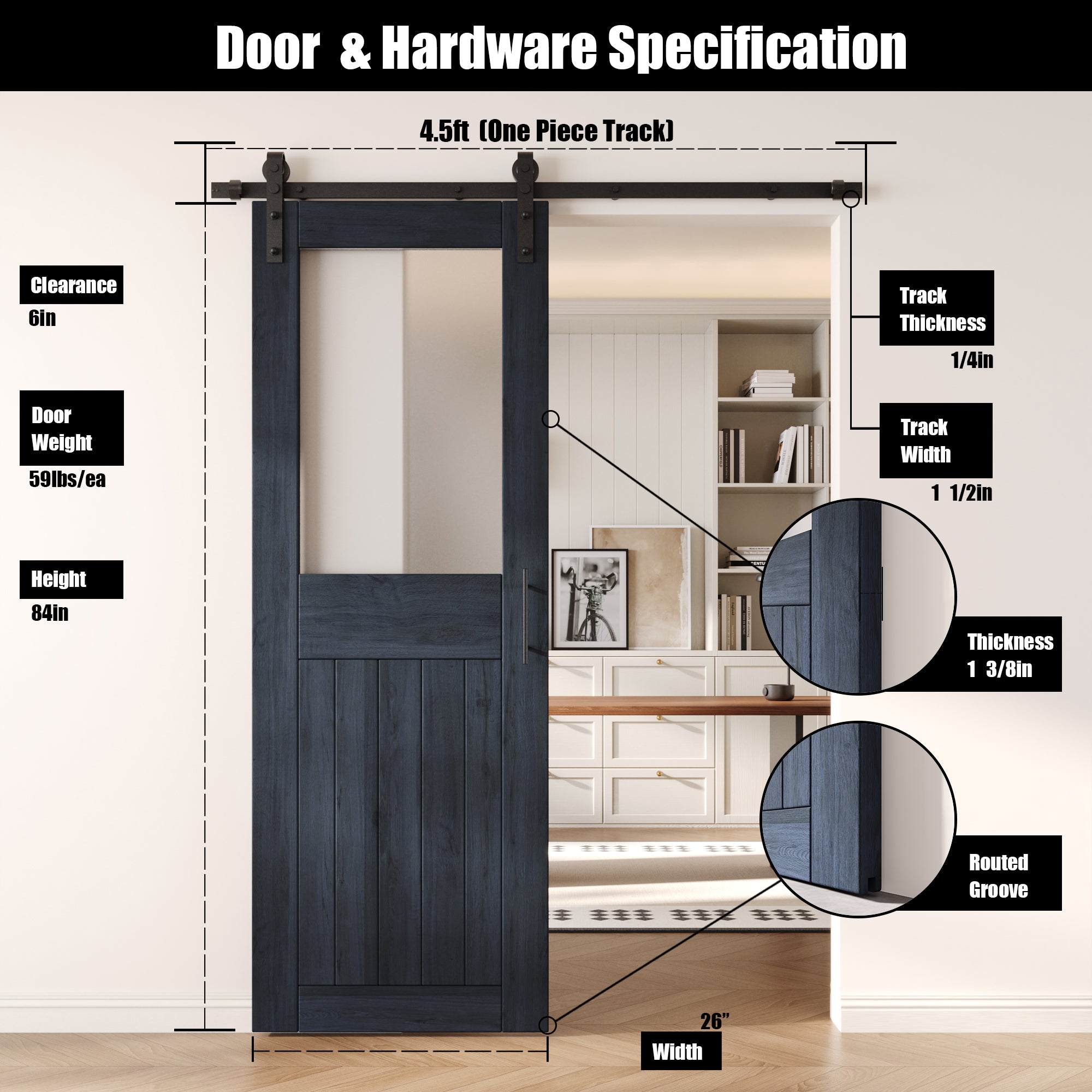 84" Height Navy Half Lite Frosted Glass Unassembled & Finished Pine Wood Barn Door with Non-Bypass Installation Hardware Kit (Interior Use Only)