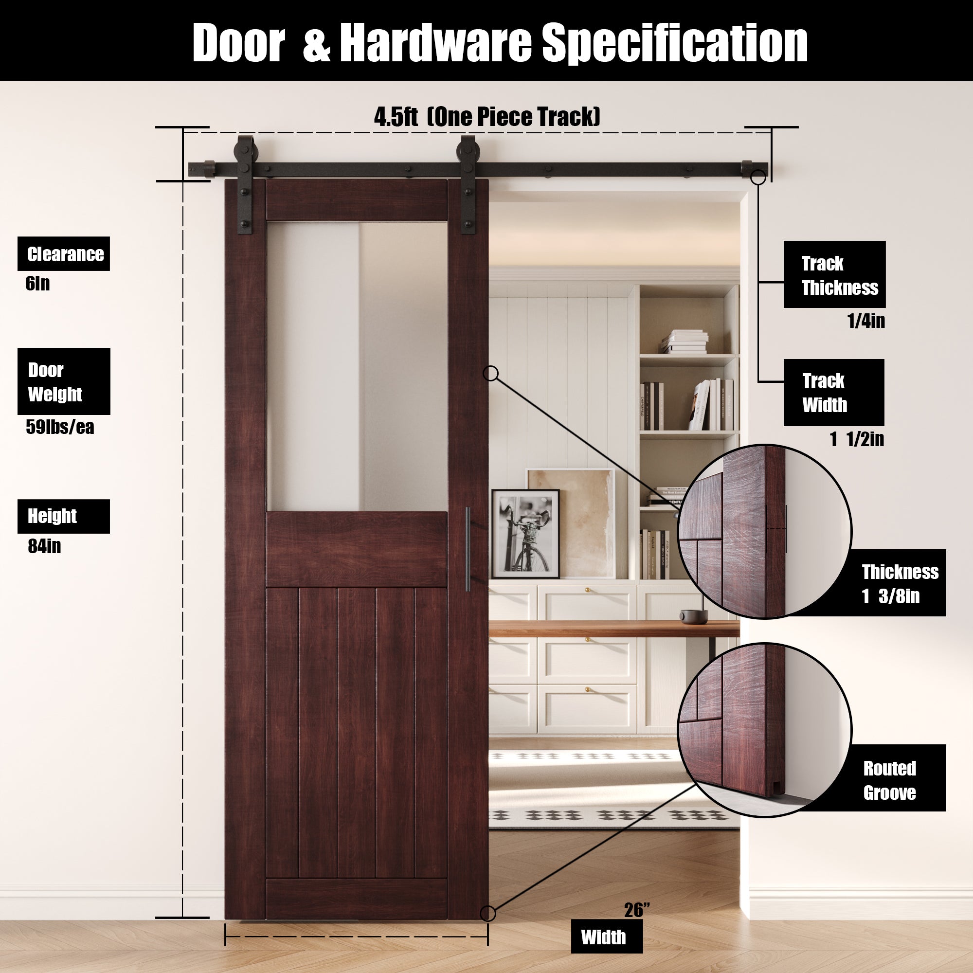 84" Height Red Mahogany Half Lite Frosted Glass Unassembled & Finished Pine Wood Barn Door with Non-Bypass Installation Hardware Kit (Interior Use Only)