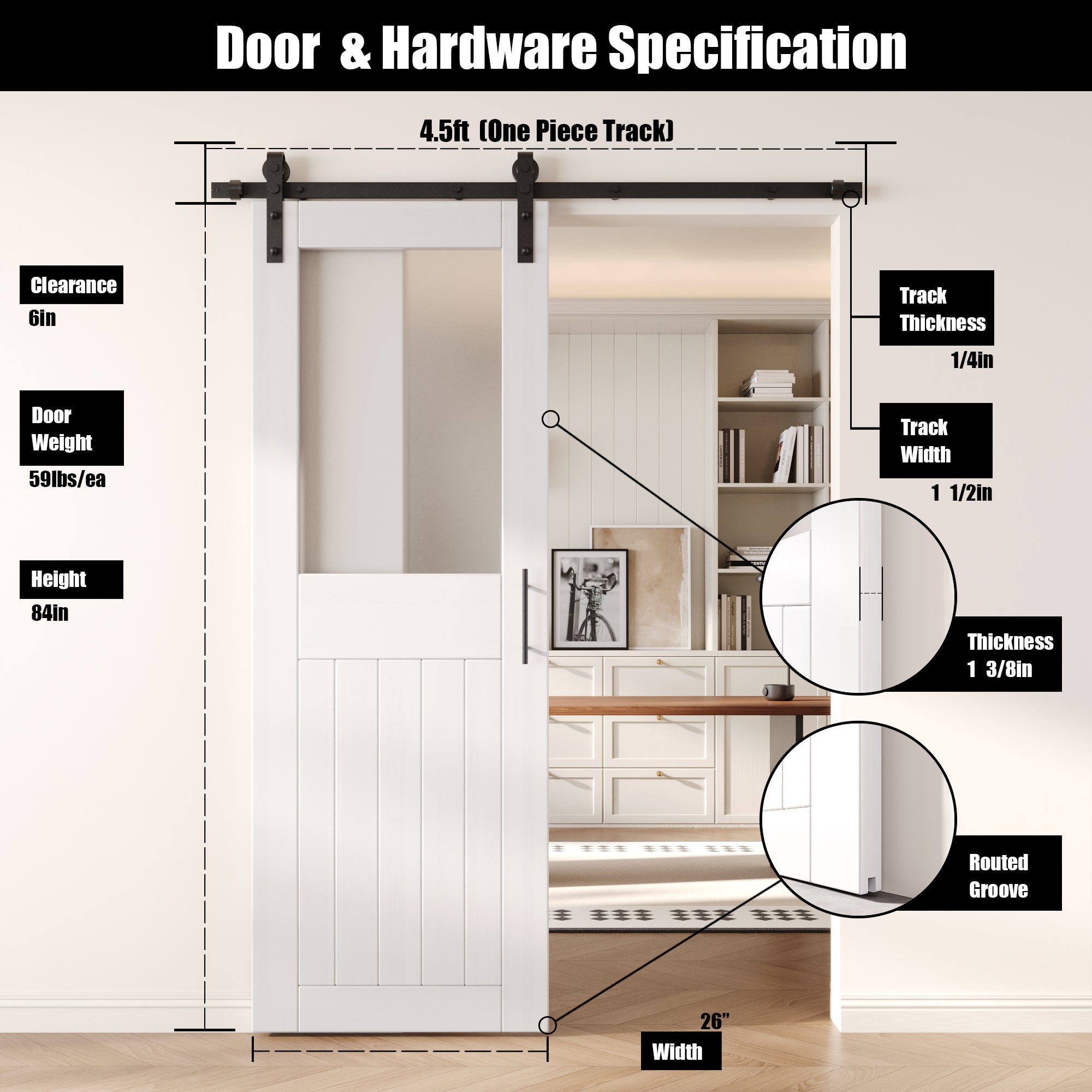 84" Height White Half Lite Frosted Glass Unassembled & Finished Pine Wood Barn Door with Non-Bypass Installation Hardware Kit (Interior Use Only)
