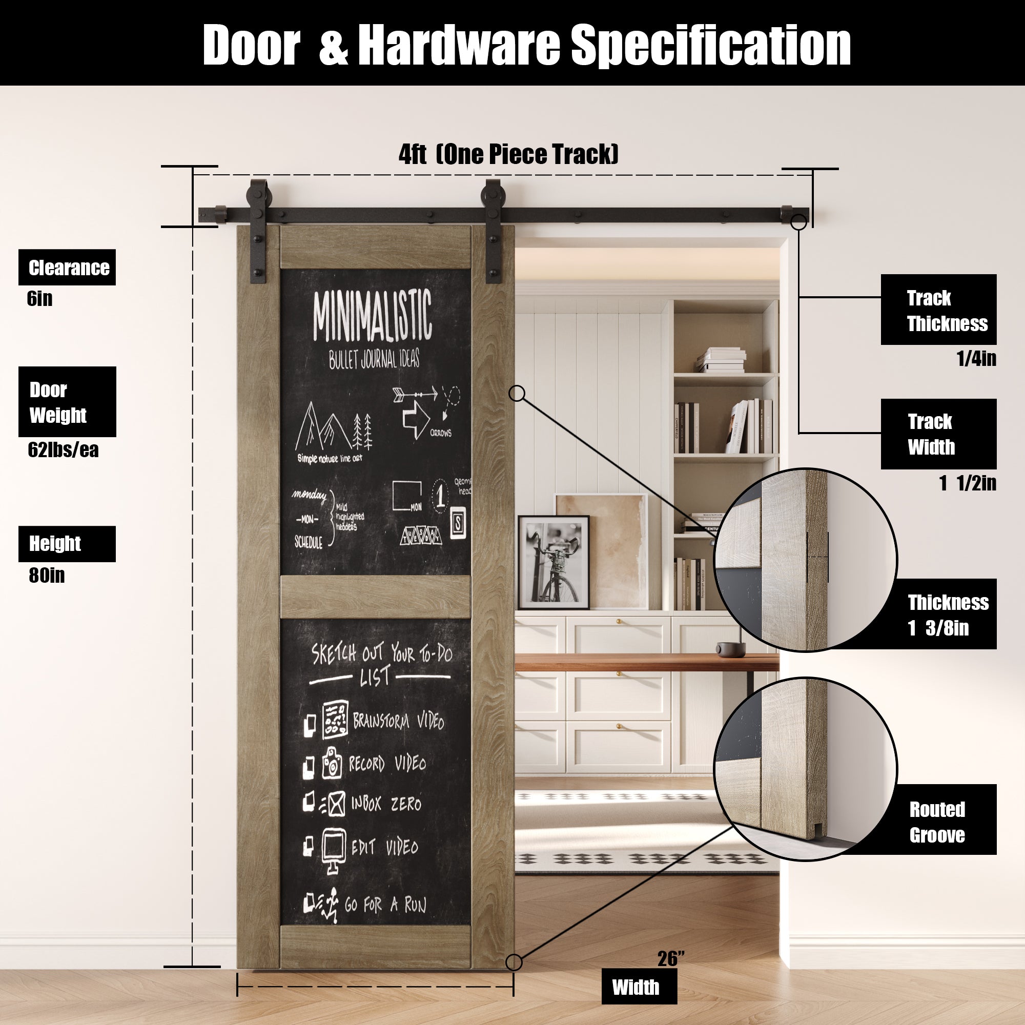 80" Height Classic Gray Chalkboard Design Unassembled & Finished Pine Wood Barn Door with Non-Bypass Installation Hardware Kit (Interior Use Only)