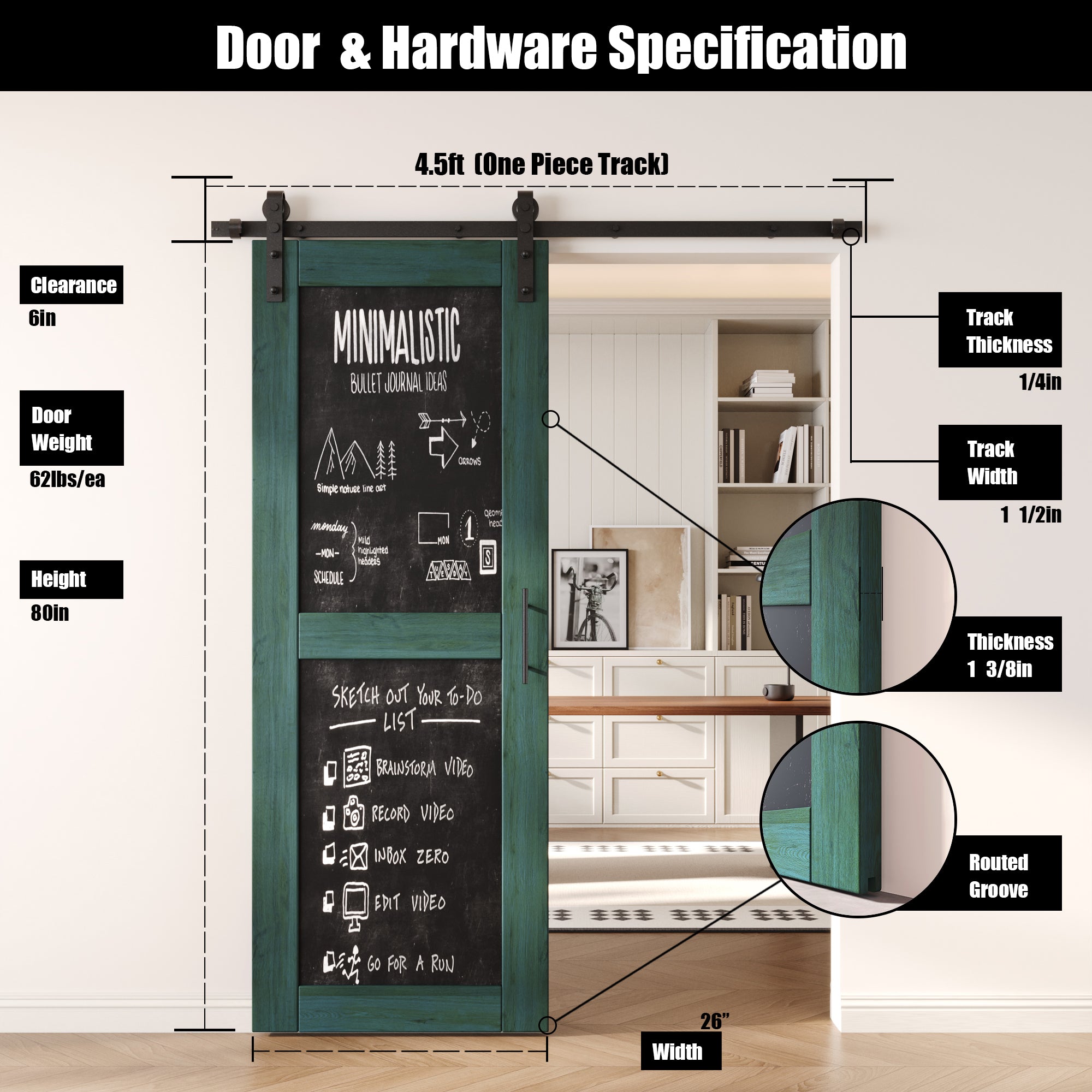 80" Height Royal Pine Chalkboard Design Unassembled & Finished Pine Wood Barn Door with Non-Bypass Installation Hardware Kit (Interior Use Only)