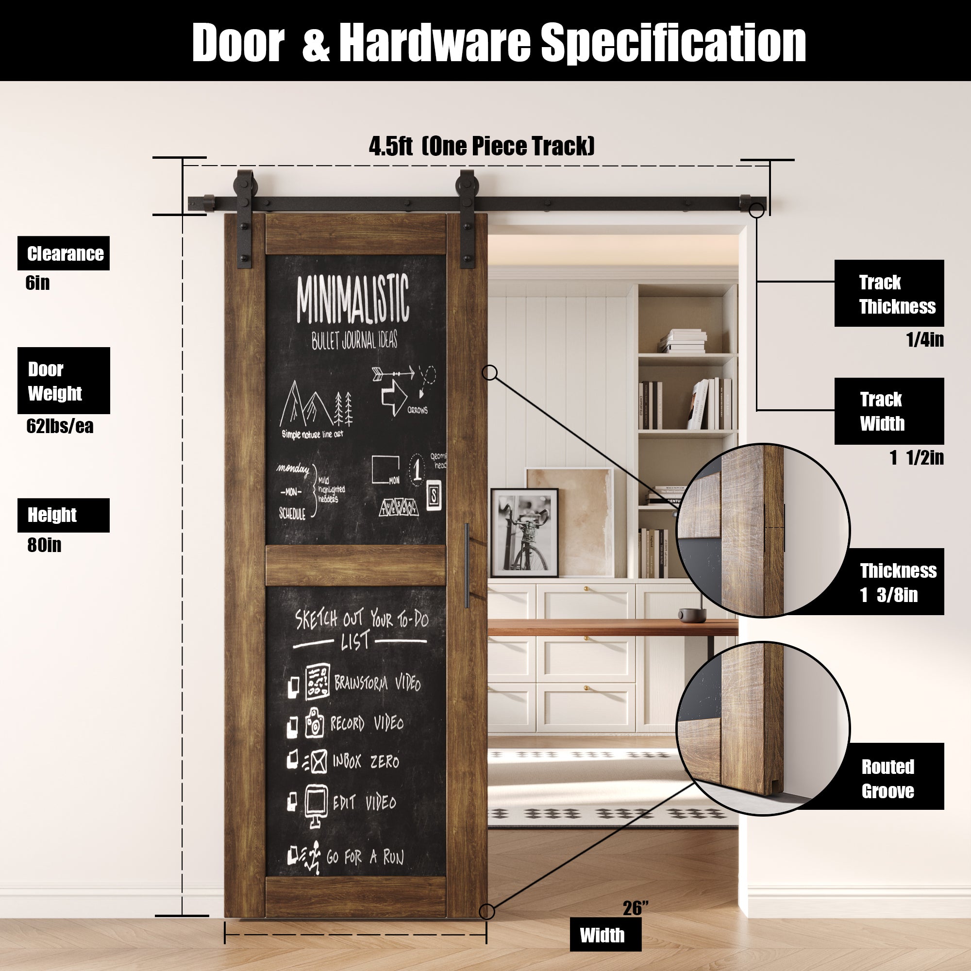 80" Height Dark Walnut Chalkboard Design Unassembled & Finished Pine Wood Barn Door with Non-Bypass Installation Hardware Kit (Interior Use Only)