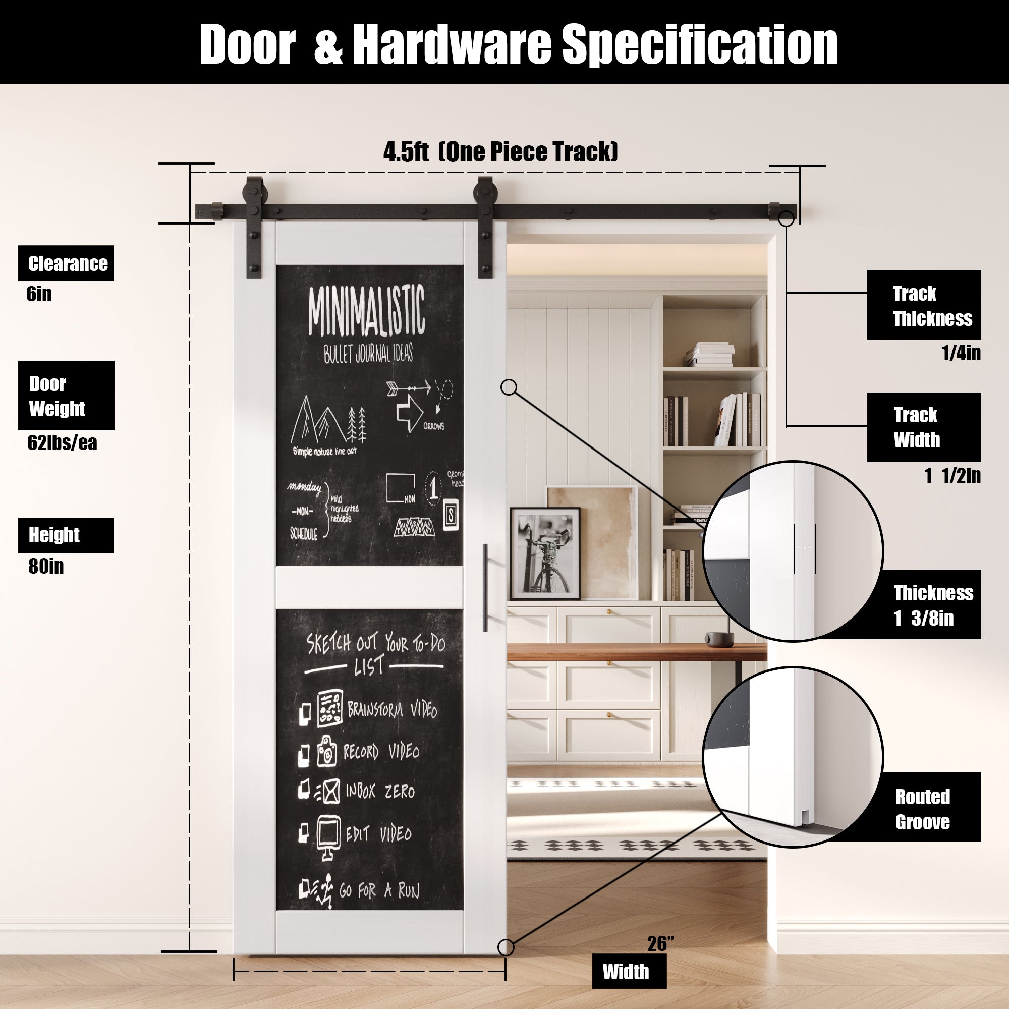80" Height White Chalkboard Design Unassembled & Finished Pine Wood Barn Door with Non-Bypass Installation Hardware Kit (Interior Use Only)