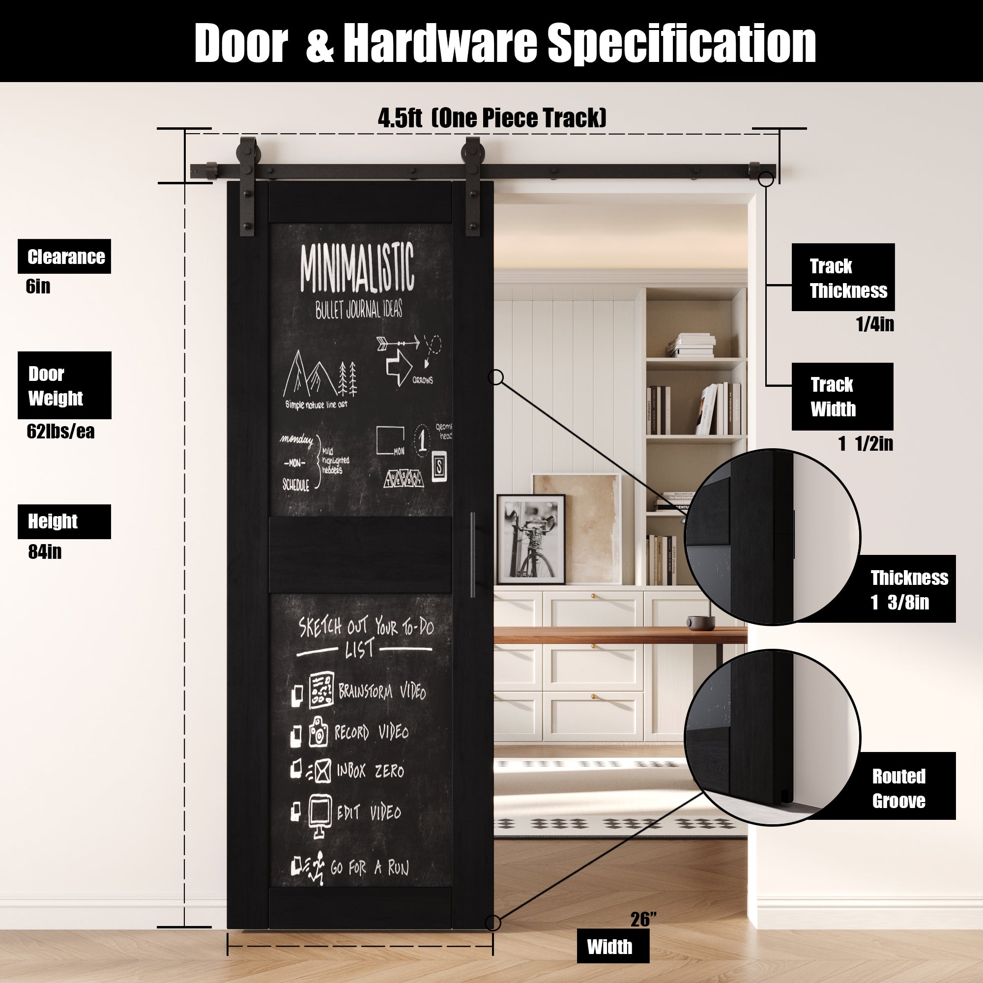 84" Height Black Chalkboard Design Unassembled & Finished Pine Wood Barn Door with Non-Bypass Installation Hardware Kit (Interior Use Only)