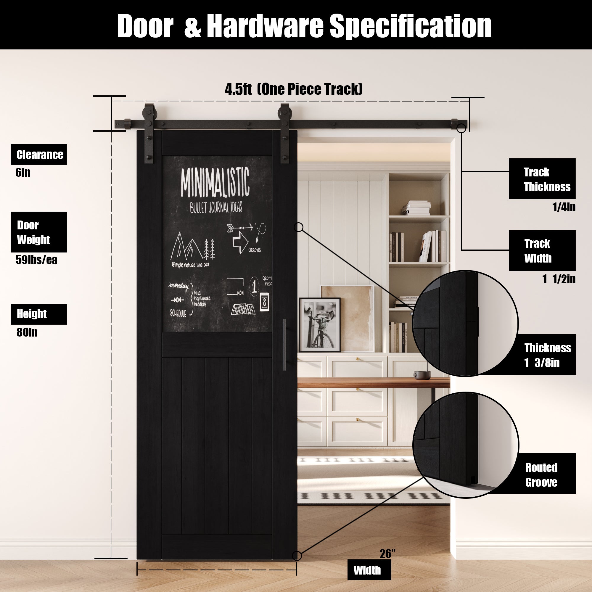 80" Height Black Top Chalkboard Panel Unassembled & Finished Pine Wood Barn Door with Non-Bypass Installation Hardware Kit (Interior Use Only)