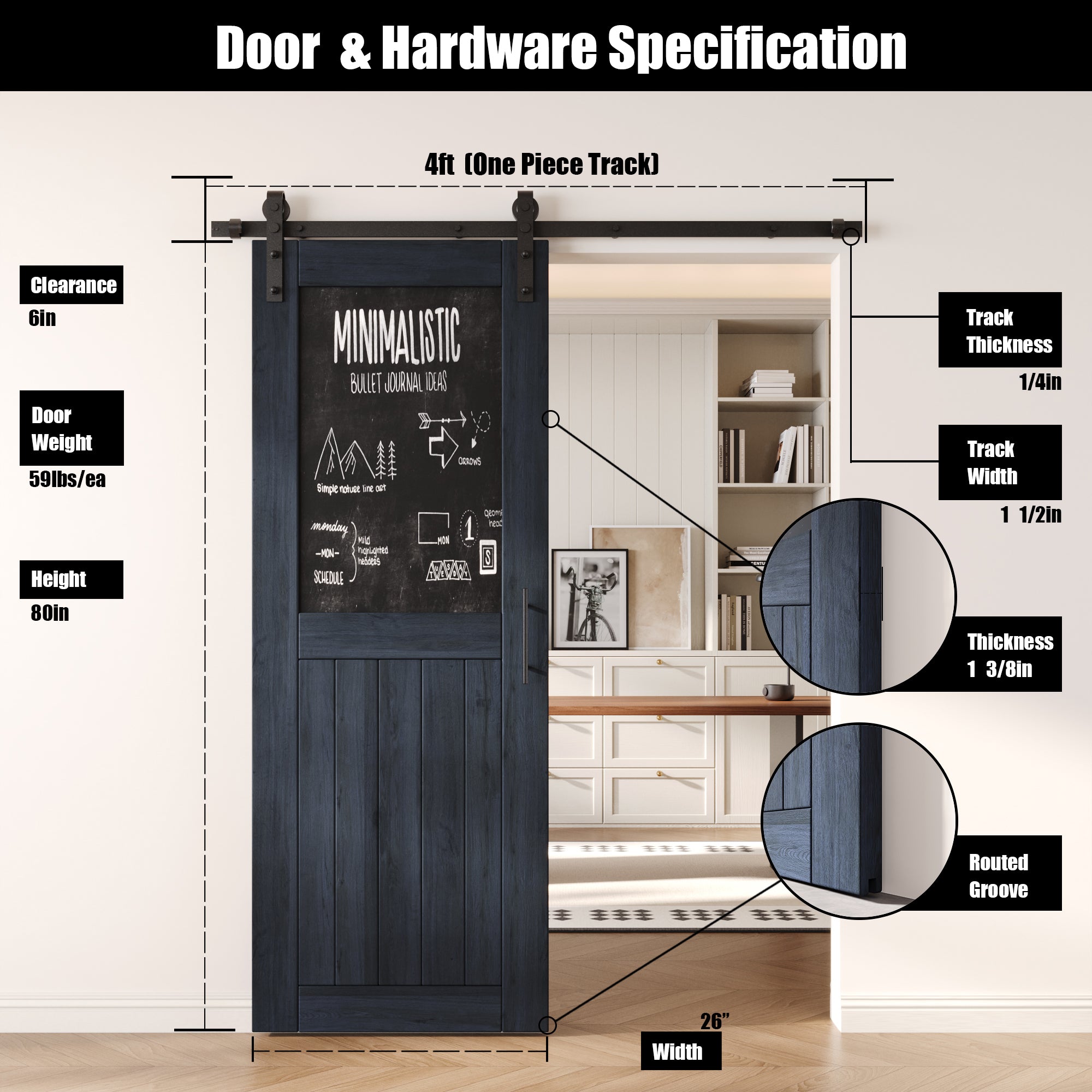 80" Height Navy Top Chalkboard Panel Unassembled & Finished Pine Wood Barn Door with Non-Bypass Installation Hardware Kit (Interior Use Only)