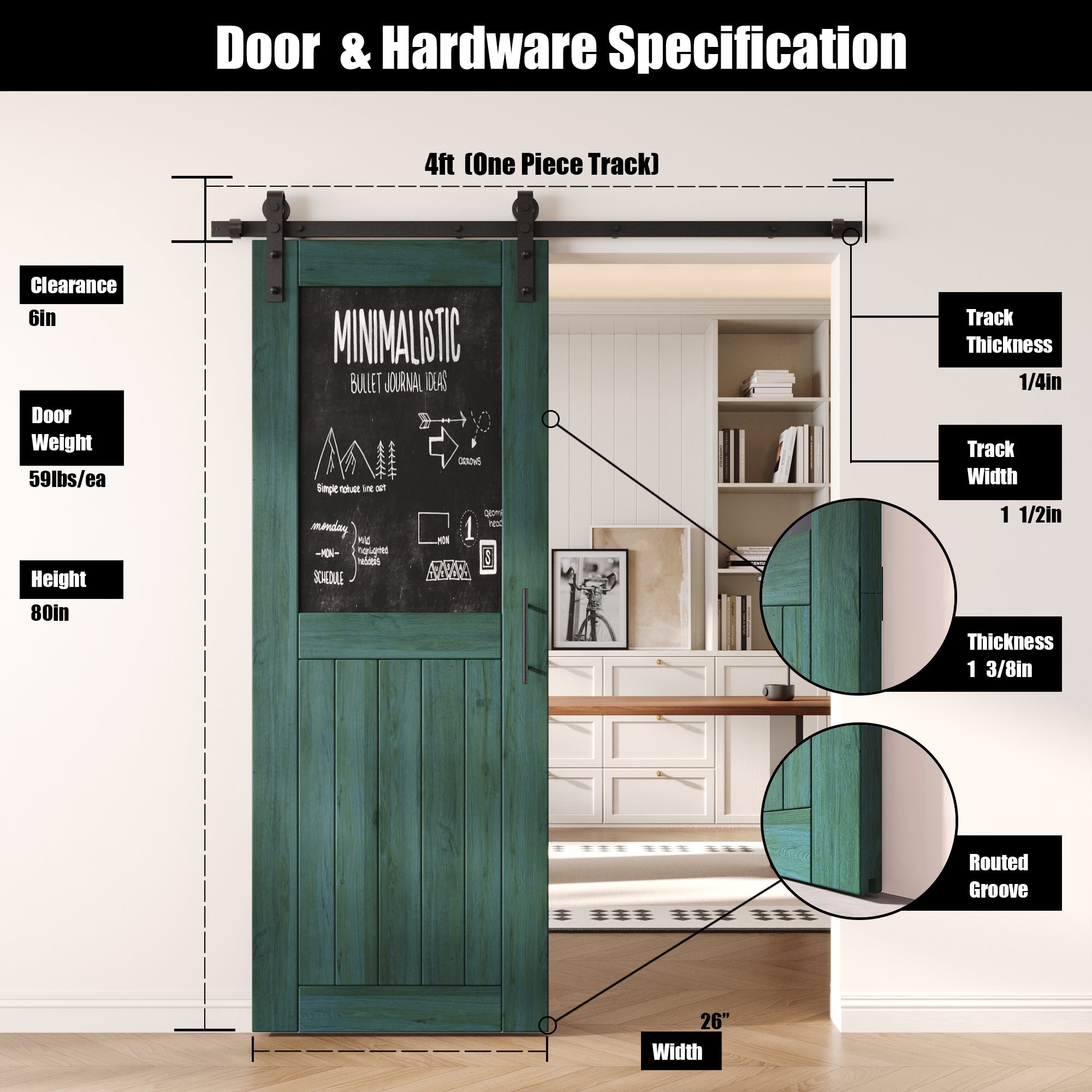 80" Height Royal Pine Top Chalkboard Panel Unassembled & Finished Pine Wood Barn Door with Non-Bypass Installation Hardware Kit (Interior Use Only)