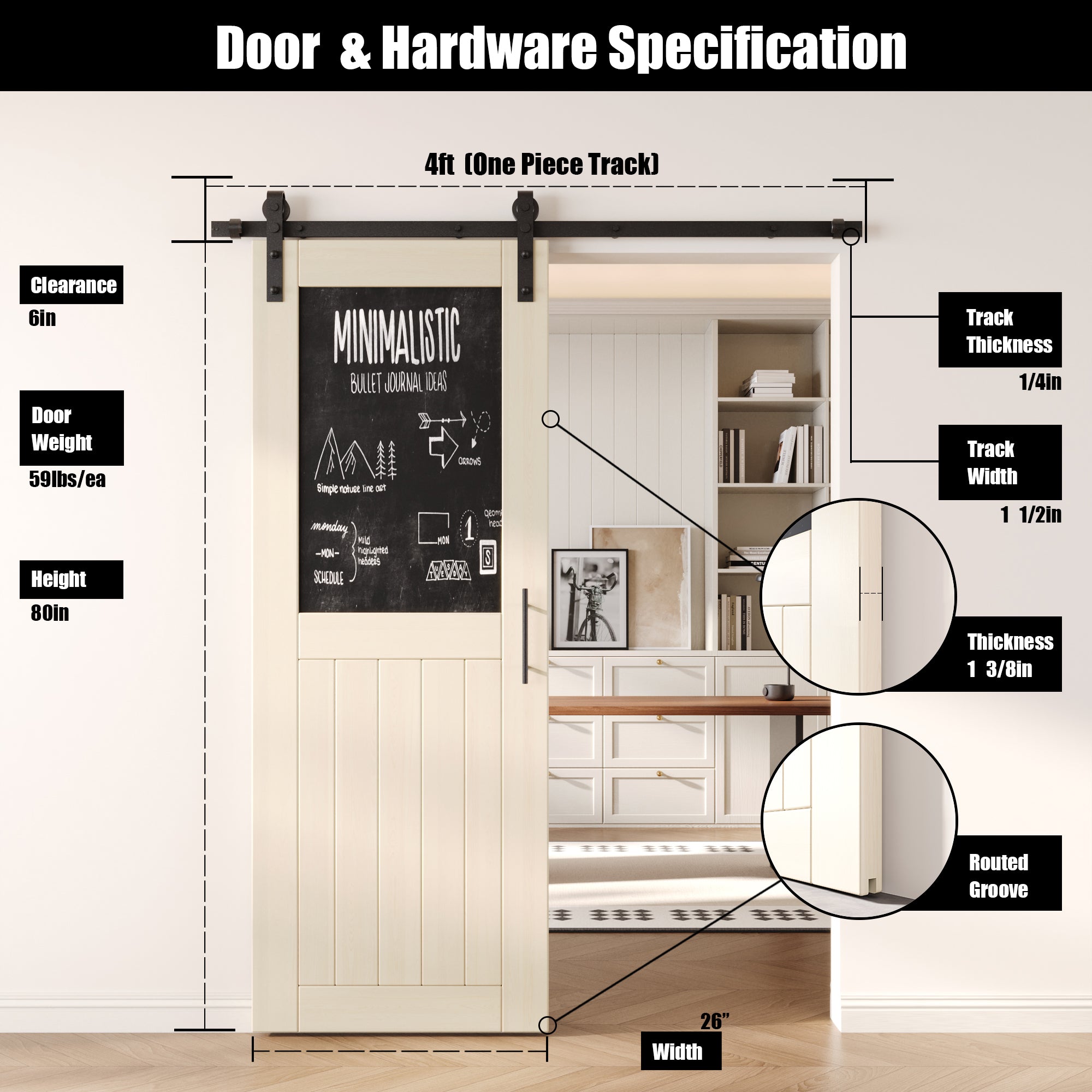 80" Height Tinsmith Gray Top Chalkboard Panel Unassembled & Finished Pine Wood Barn Door with Non-Bypass Installation Hardware Kit (Interior Use Only)
