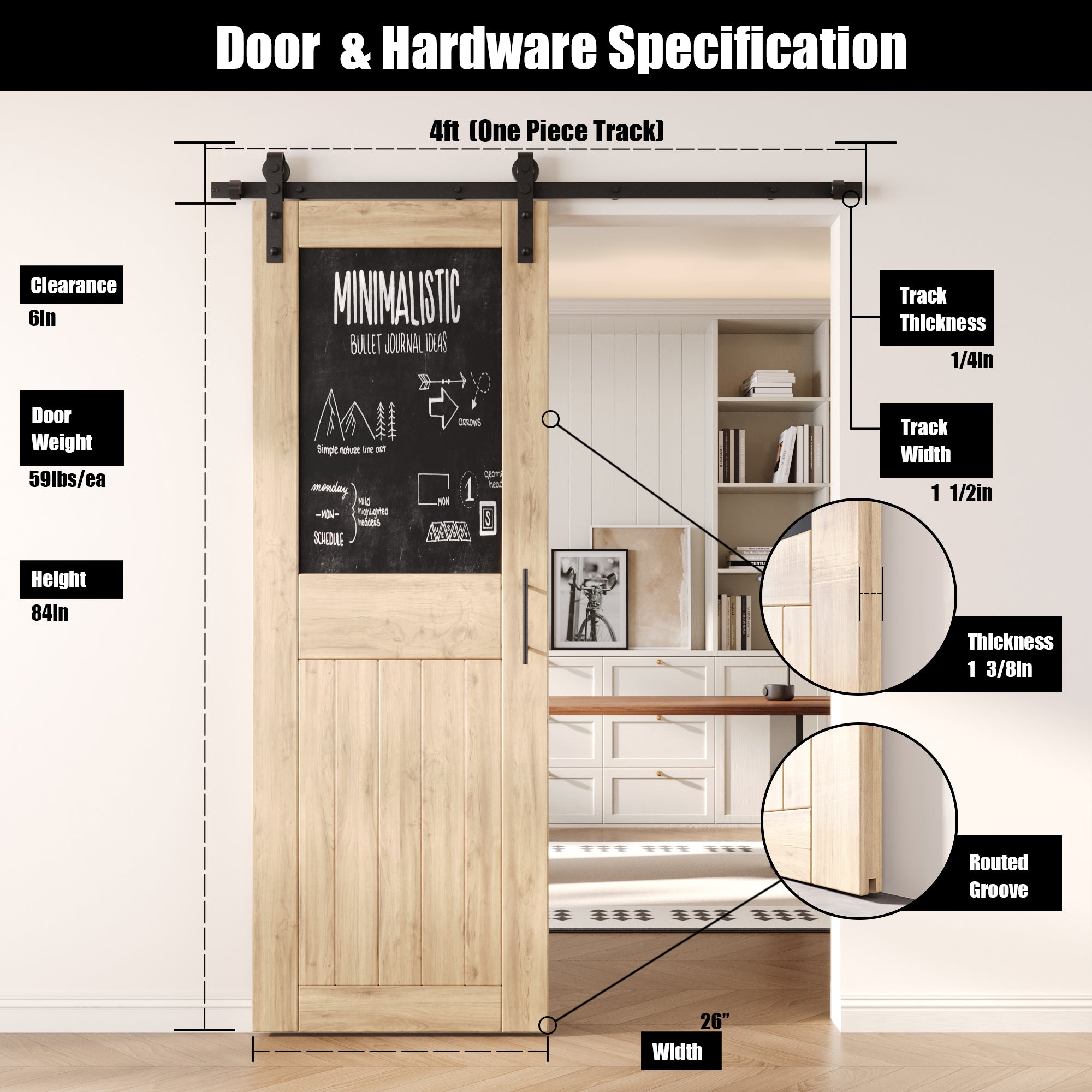 84" Height Top Chalkboard Panel Unassembled & Unfinished Pine Wood Barn Door with Non-Bypass Installation Hardware Kit (Interior Use Only)
