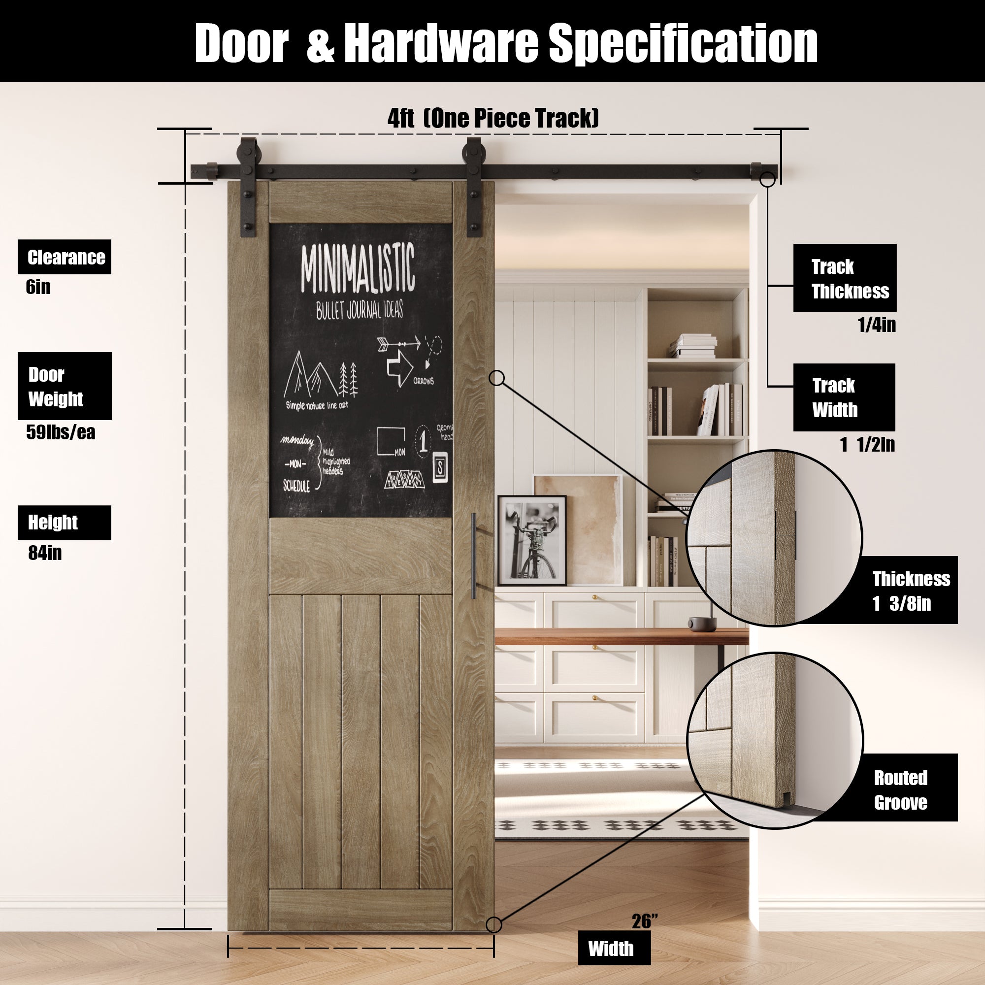 84" Height Classic Gray Top Chalkboard Panel Unassembled & Finished Pine Wood Barn Door with Non-Bypass Installation Hardware Kit (Interior Use Only)