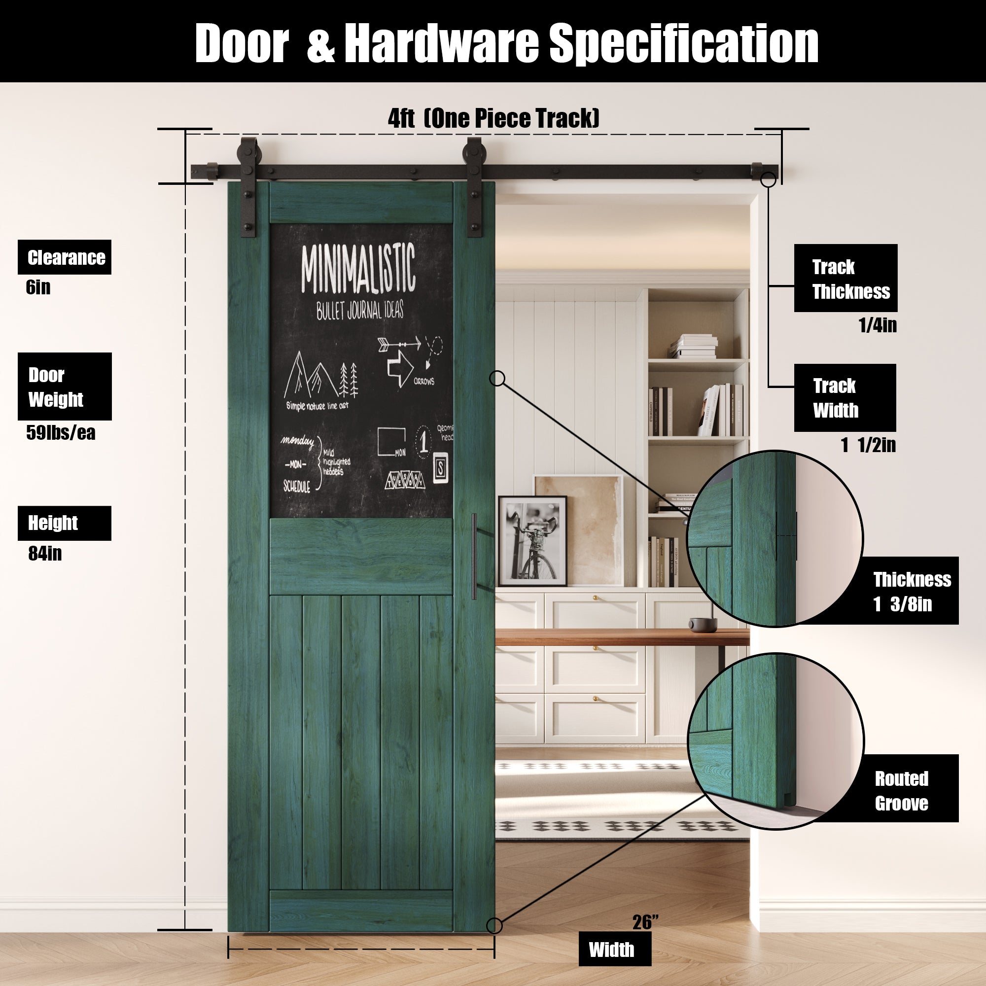 84" Height Royal Pine Top Chalkboard Panel Unassembled & Finished Pine Wood Barn Door with Non-Bypass Installation Hardware Kit (Interior Use Only)