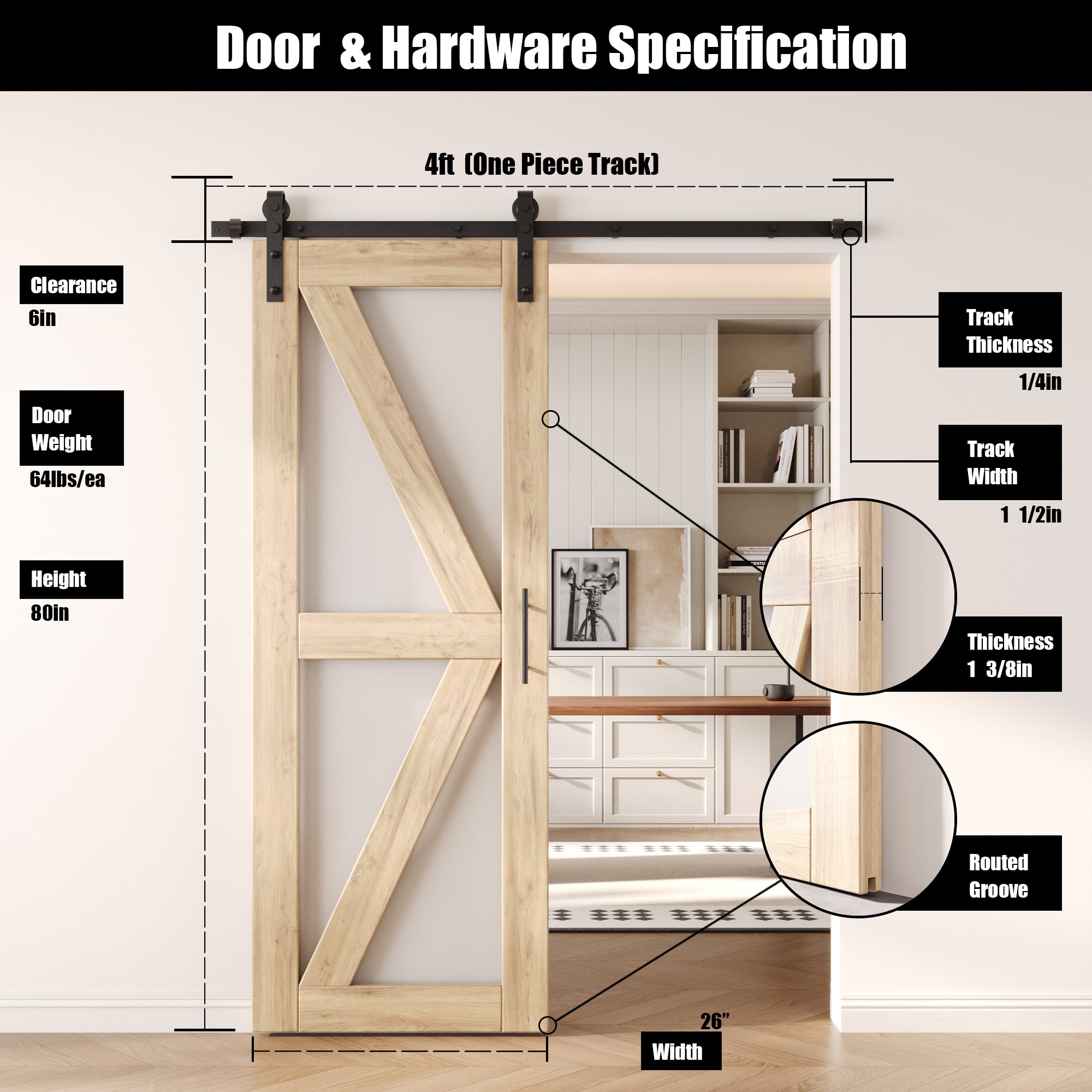 80" Height Frosted Glass Arrow Design Unassembled & Unfinished Pine Wood Barn Door with Non-Bypass Installation Hardware Kit (Interior Use Only)
