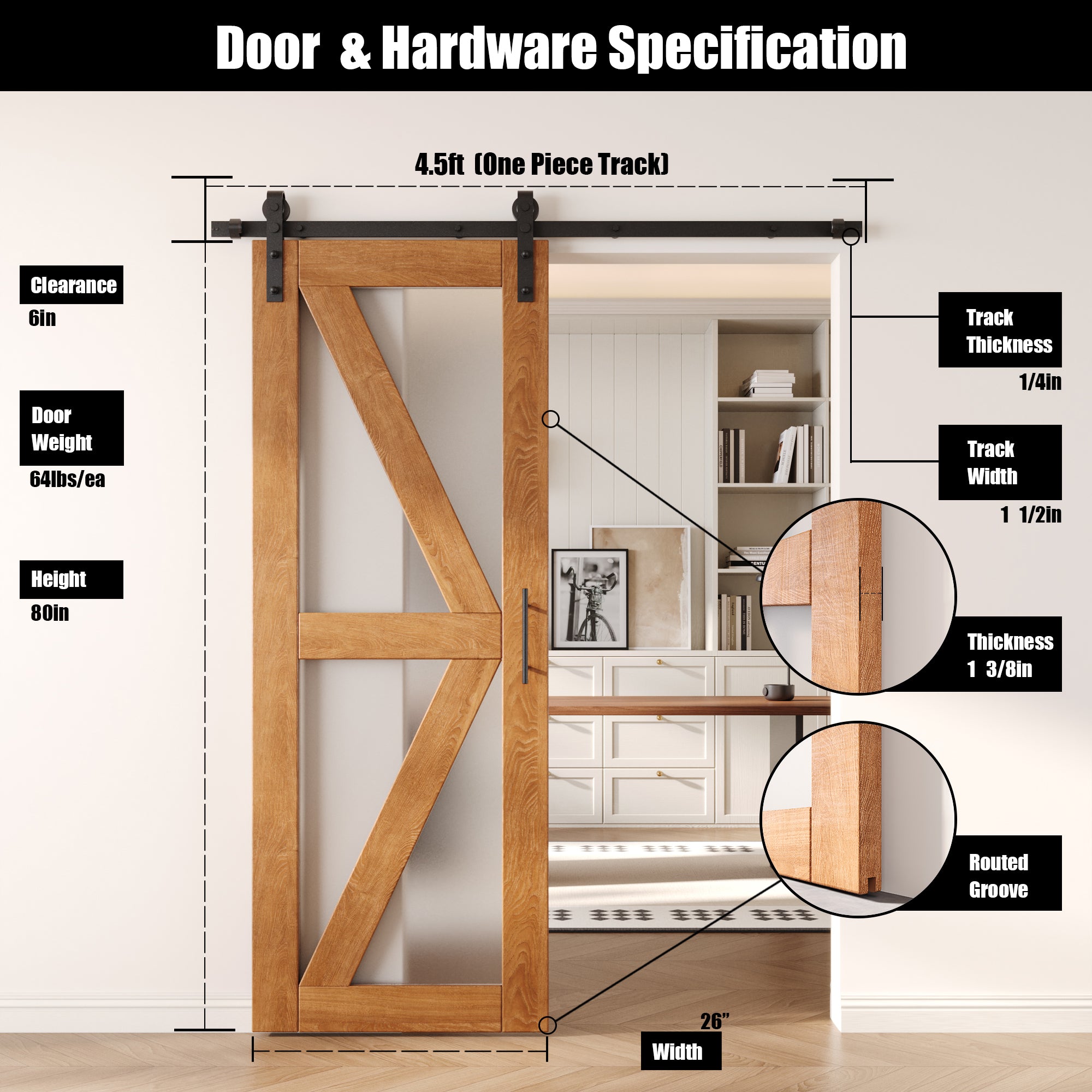 80" Height Early American Arrow Pattern Glass Unassembled & Finished Pine Wood Barn Door with Non-Bypass Installation Hardware Kit (Interior Use Only)