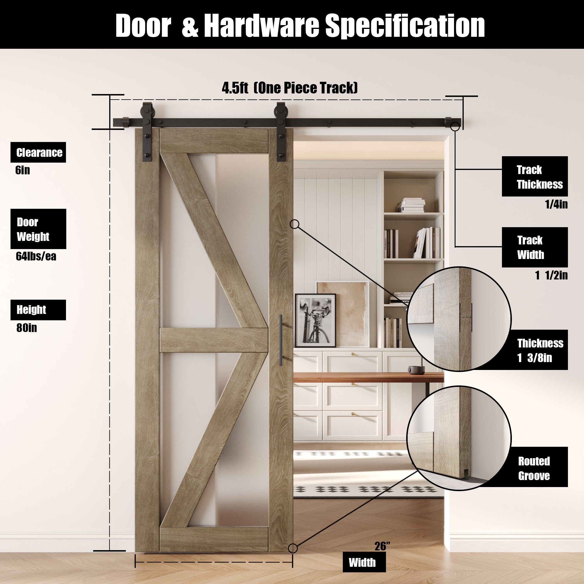 80" Height Classic Gray Arrow Pattern Glass Unassembled & Finished Pine Wood Barn Door with Non-Bypass Installation Hardware Kit (Interior Use Only)