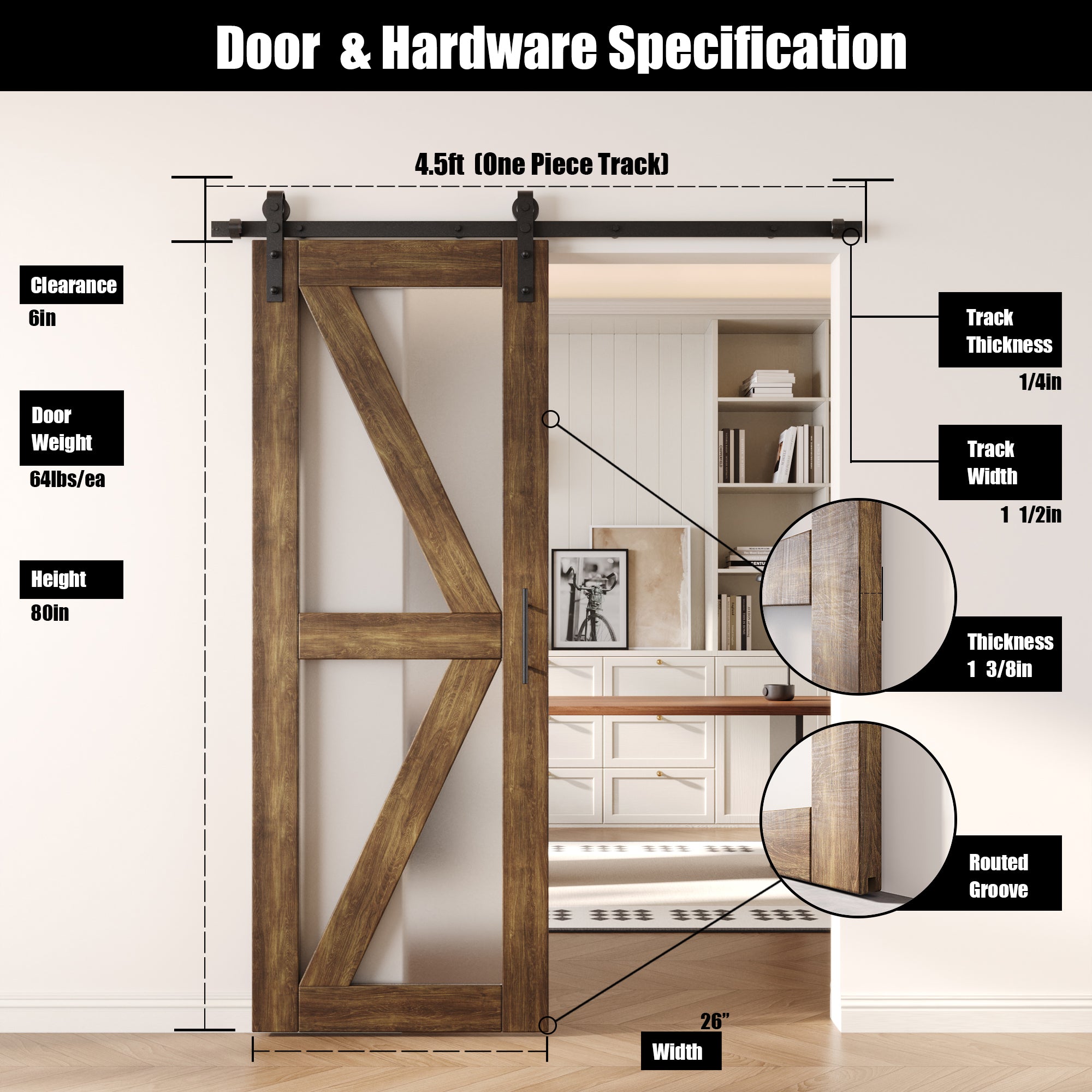80" Height Dark Walnut Arrow Pattern Glass Unassembled & Finished Pine Wood Barn Door with Non-Bypass Installation Hardware Kit (Interior Use Only)