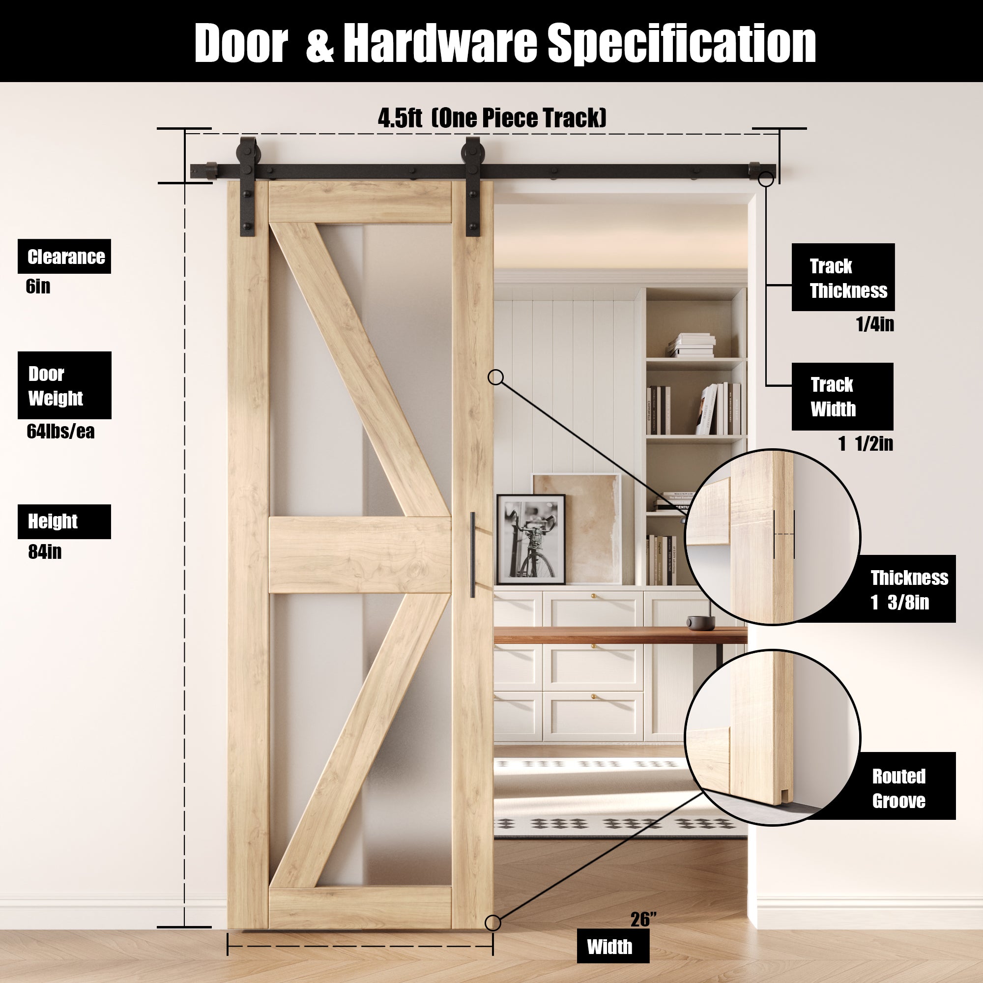 84" Height Arrow Pattern Glass Unassembled & Unfinished Pine Wood Barn Door with Non-Bypass Installation Hardware Kit (Interior Use Only)