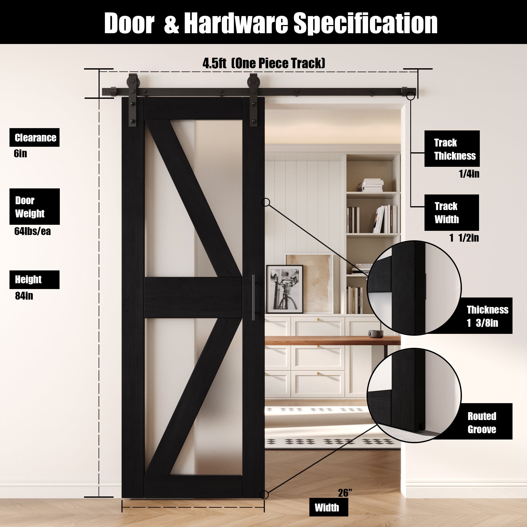 84" Height Black Arrow Pattern Glass Unassembled & Finished Pine Wood Barn Door with Non-Bypass Installation Hardware Kit (Interior Use Only)