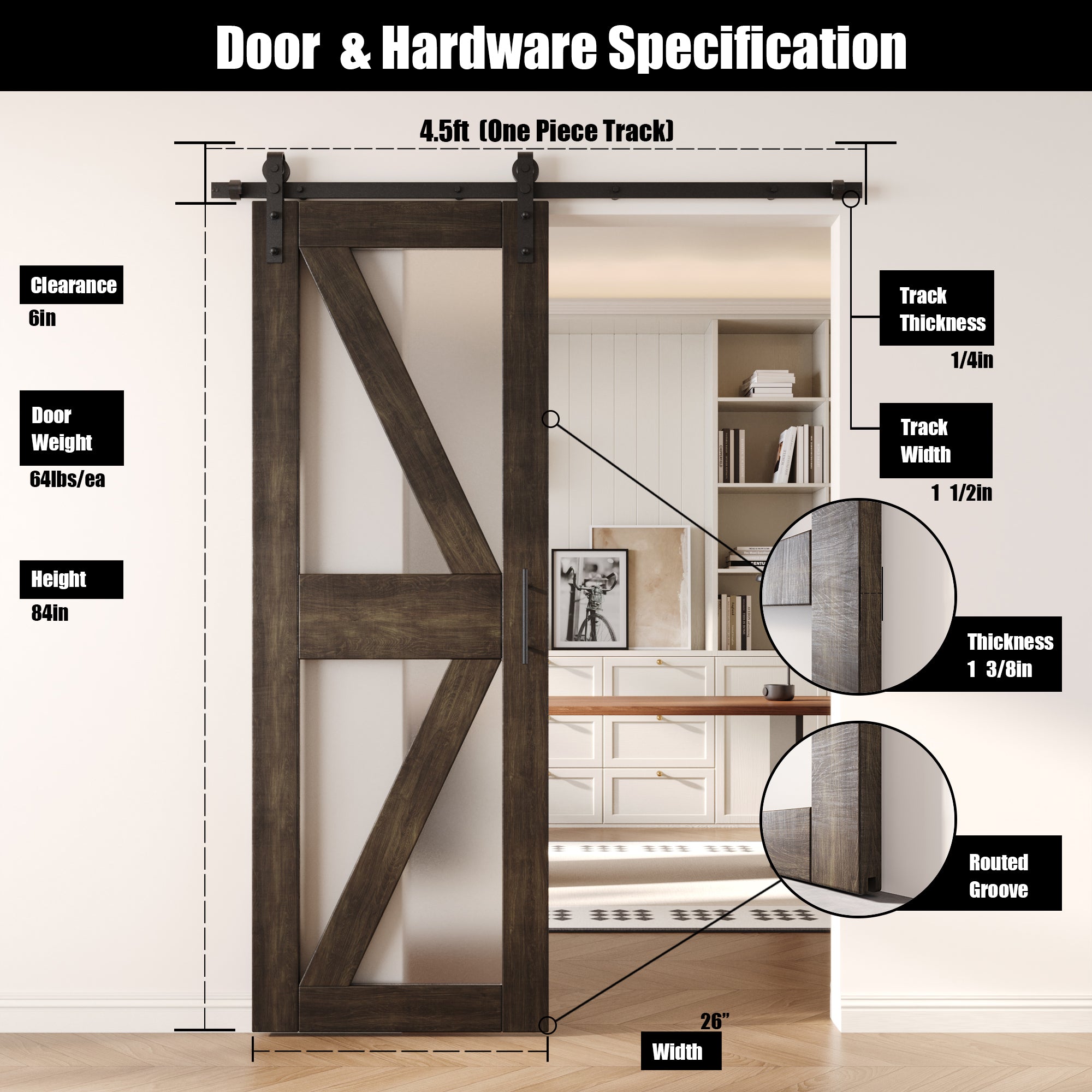 84" Height Ebony Arrow Pattern Glass Unassembled & Finished Pine Wood Barn Door with Non-Bypass Installation Hardware Kit (Interior Use Only)