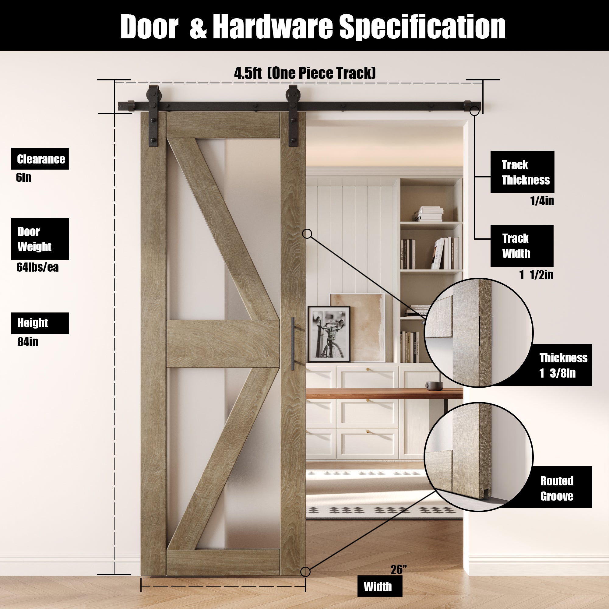 84" Height Classic Gray Arrow Pattern Glass Unassembled & Finished Pine Wood Barn Door with Non-Bypass Installation Hardware Kit (Interior Use Only)