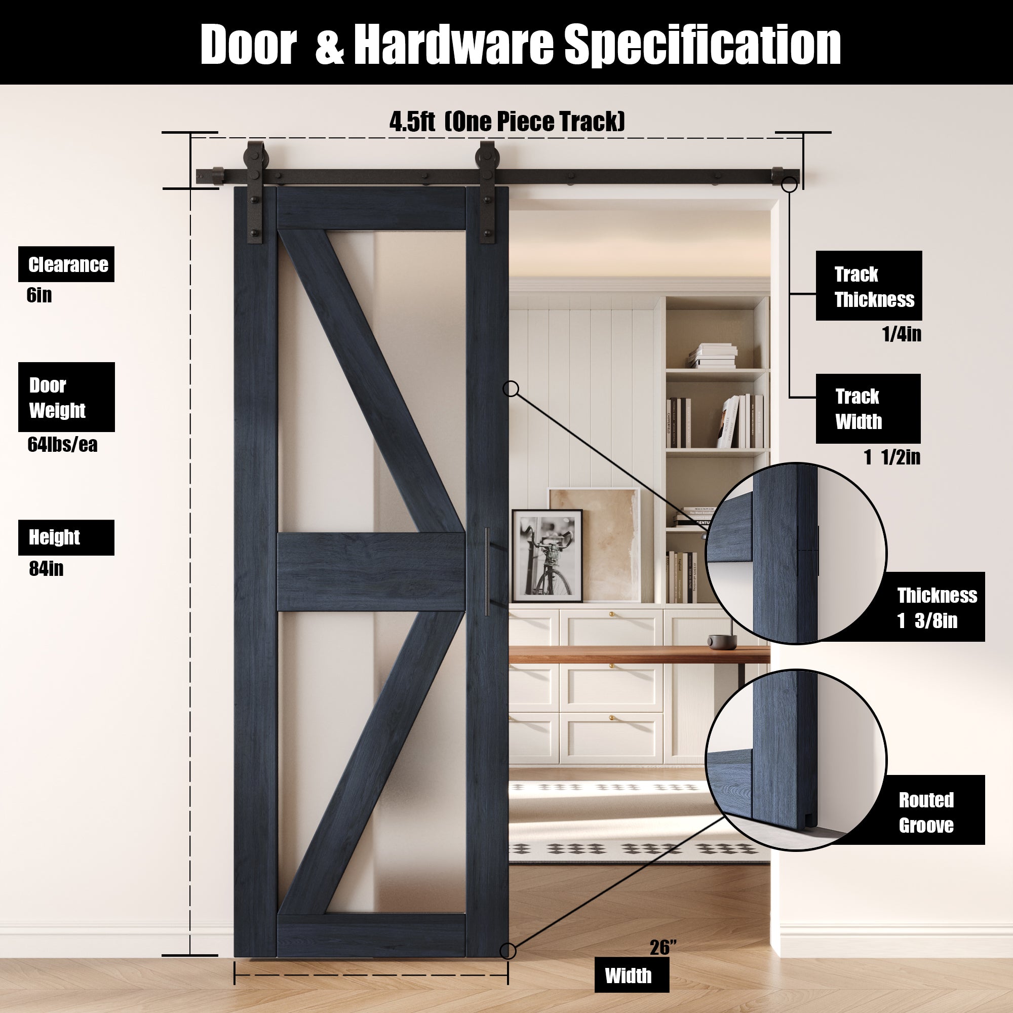 84" Height Navy Arrow Pattern Glass Unassembled & Finished Pine Wood Barn Door with Non-Bypass Installation Hardware Kit (Interior Use Only)