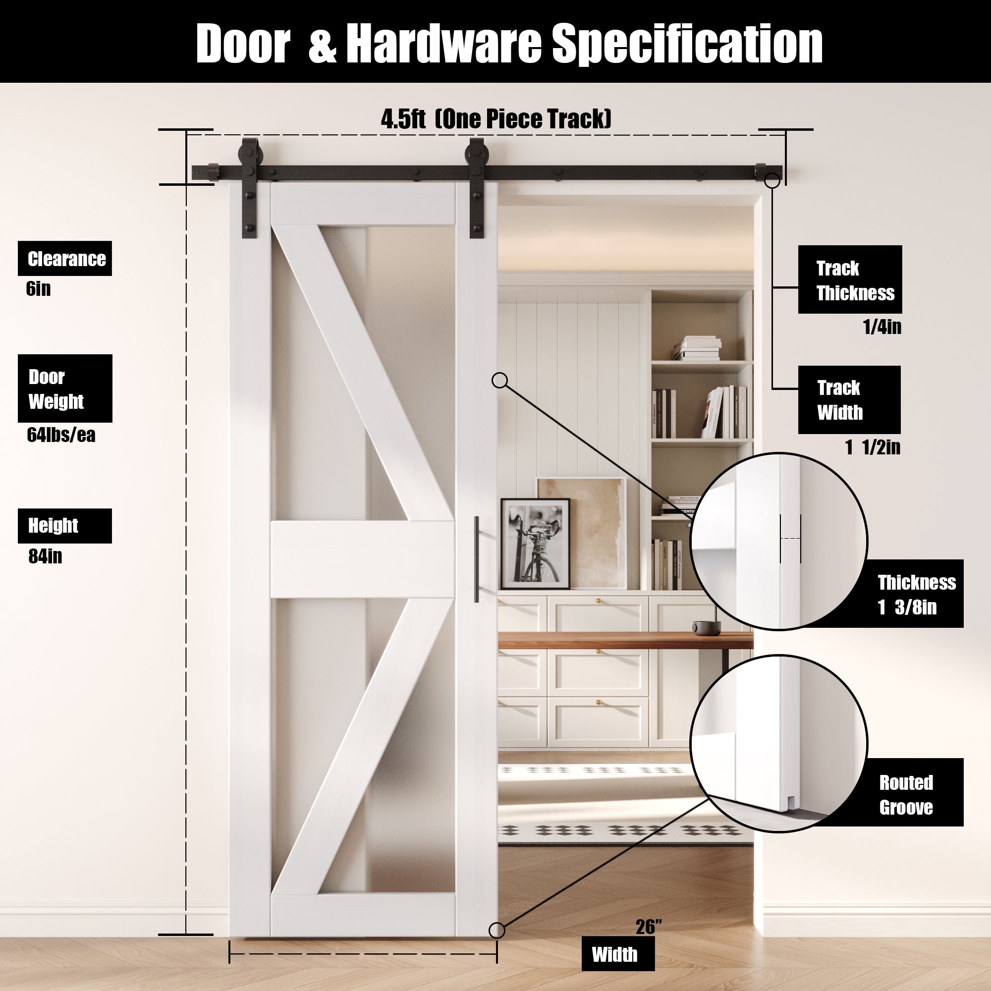 84" Height White Arrow Pattern Glass Unassembled & Finished Pine Wood Barn Door with Non-Bypass Installation Hardware Kit (Interior Use Only)