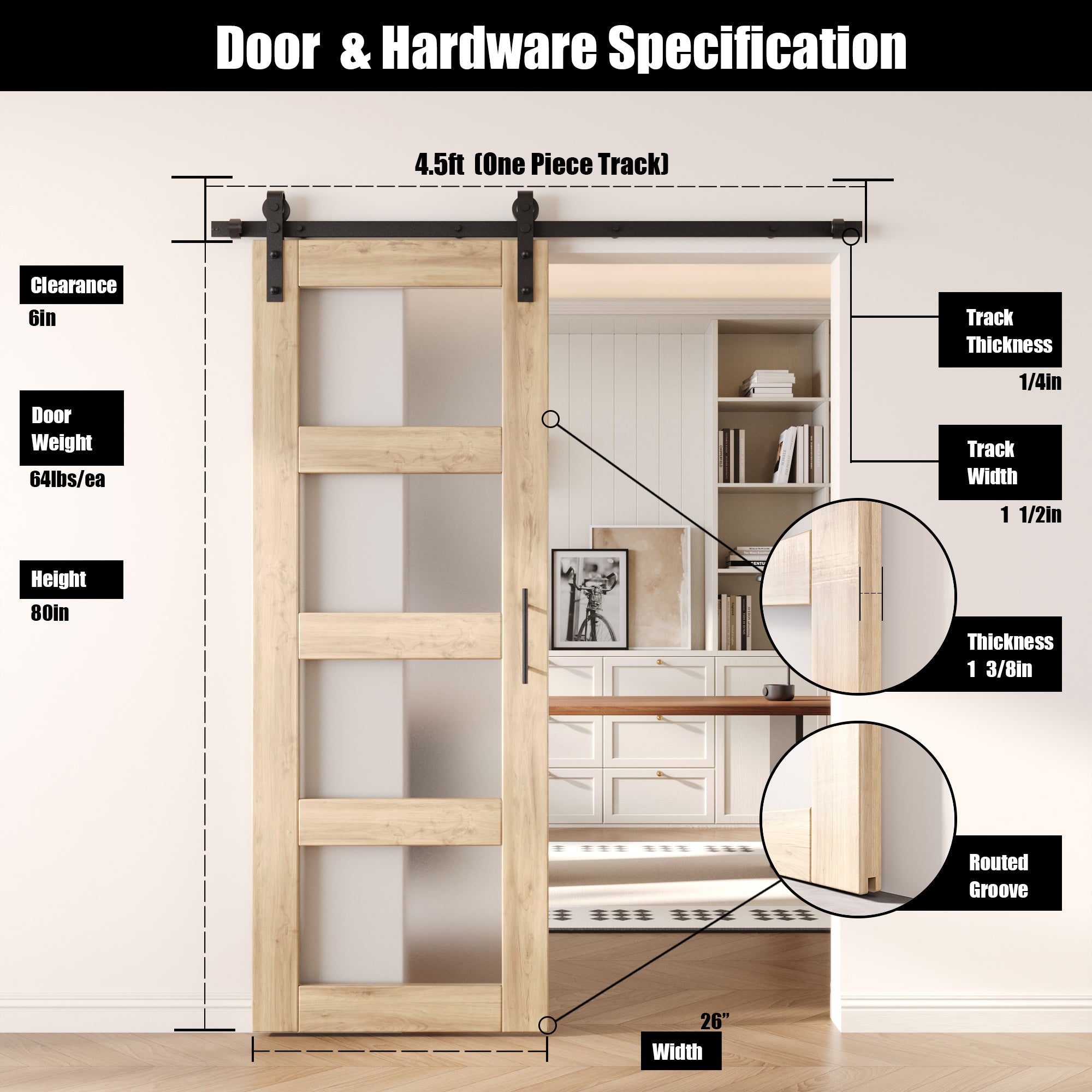80" Height 4-Lite Frosted Glass Unassembled & Unfinished Pine Wood Barn Door with Non-Bypass Installation Hardware Kit (Interior Use Only)