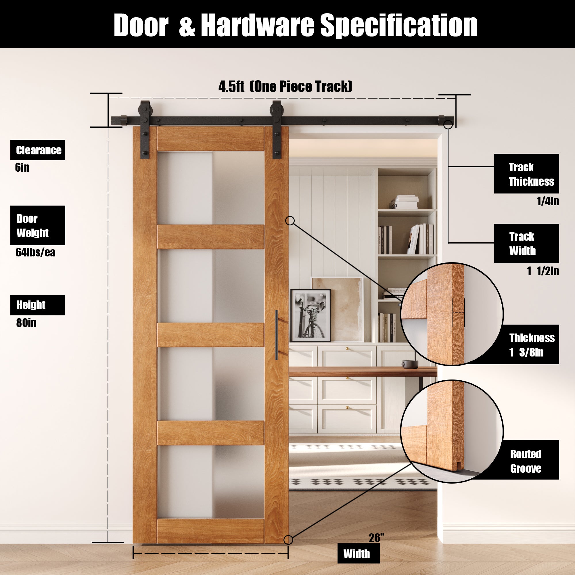 80" Height Early American 4-Lite Frosted Glass Unassembled & Finished Pine Wood Barn Door with Non-Bypass Installation Hardware Kit (Interior Use Only)
