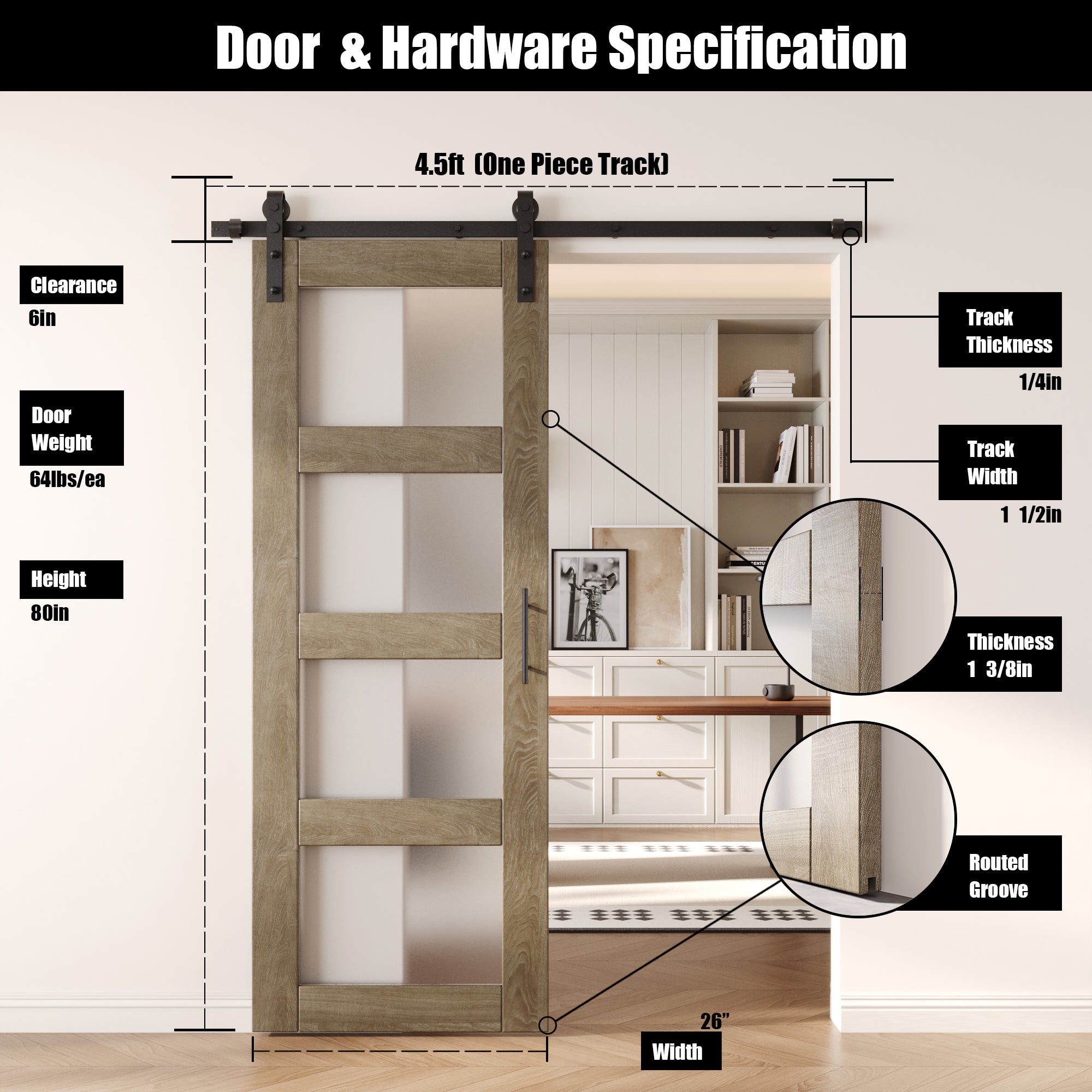 80" Height Classic Gray 4-Lite Frosted Glass Unassembled & Finished Pine Wood Barn Door with Non-Bypass Installation Hardware Kit (Interior Use Only)