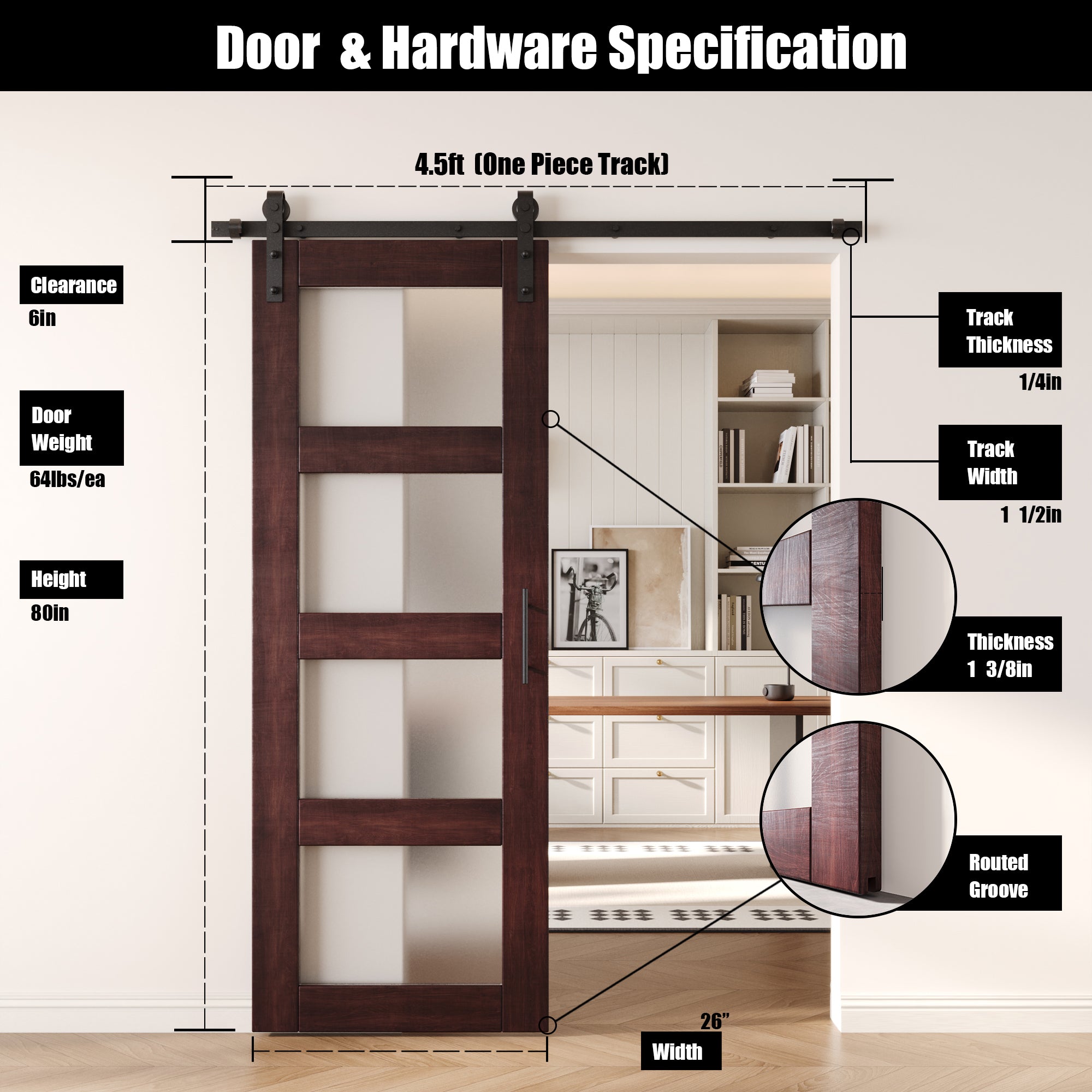 80" Height Red Mahogany 4-Lite Frosted Glass Unassembled & Finished Pine Wood Barn Door with Non-Bypass Installation Hardware Kit (Interior Use Only)